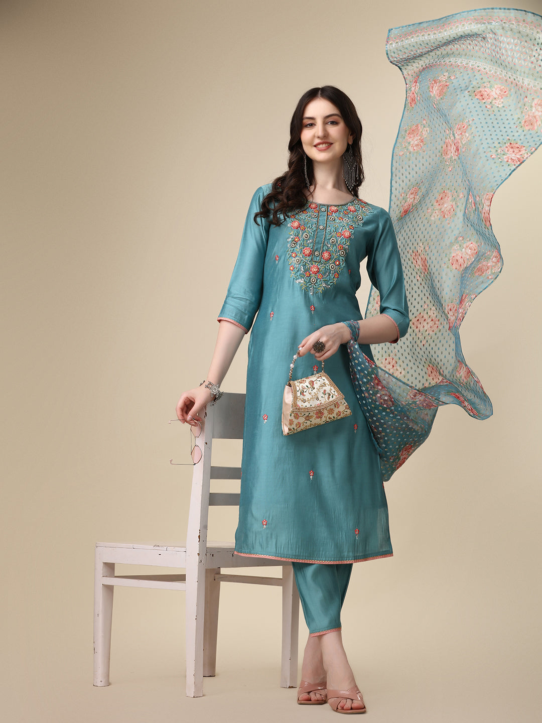 Hand Embroidered Kurta with Pant & Printed Dupatta Set