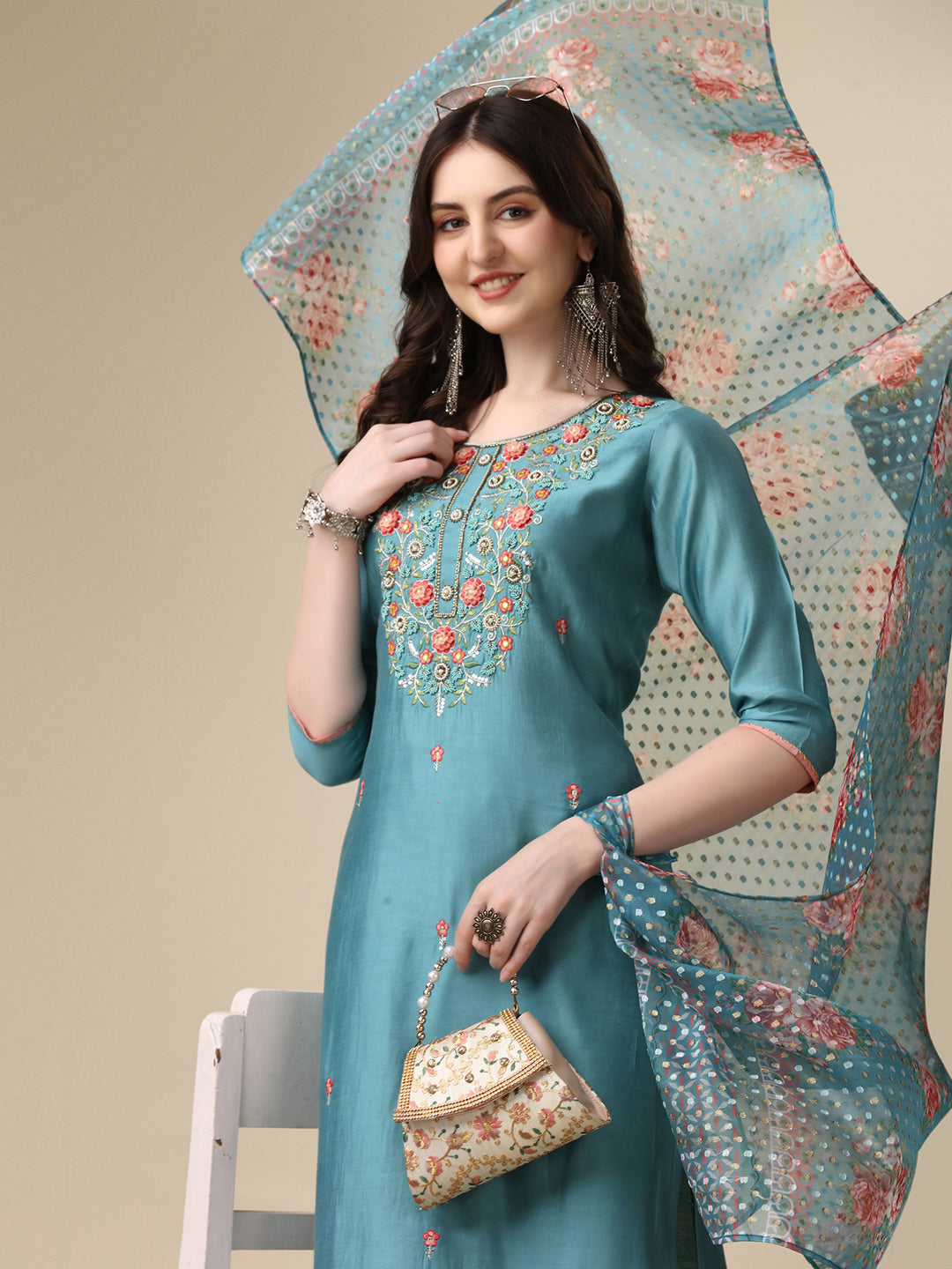 Hand Embroidered Kurta with Pant & Printed Dupatta Set