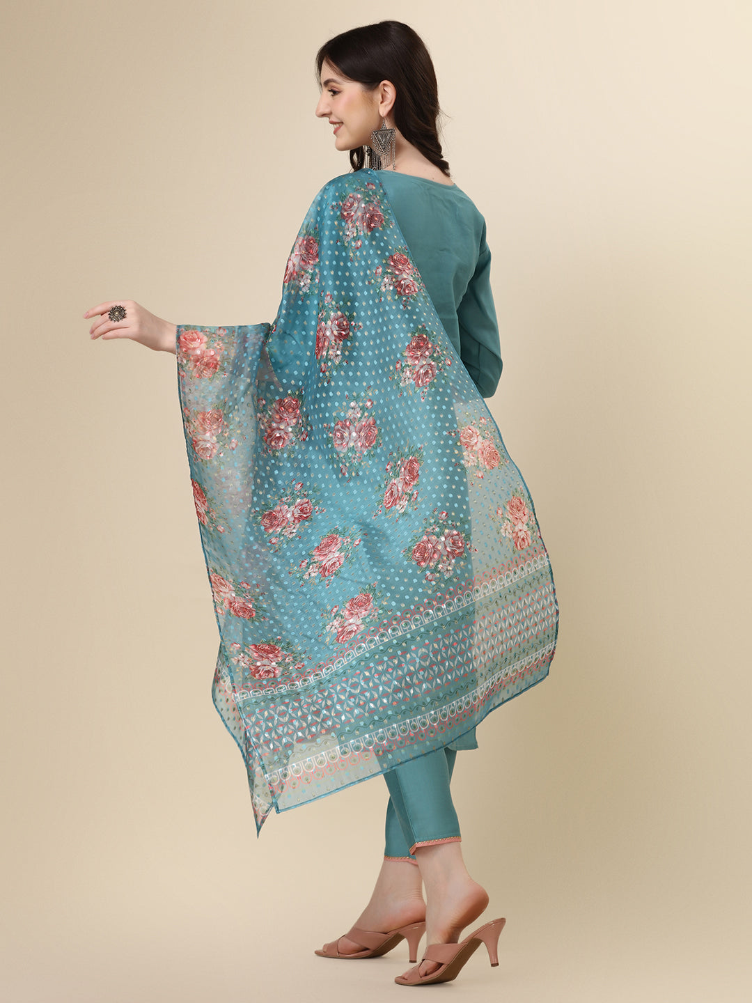 Hand Embroidered Kurta with Pant & Printed Dupatta Set