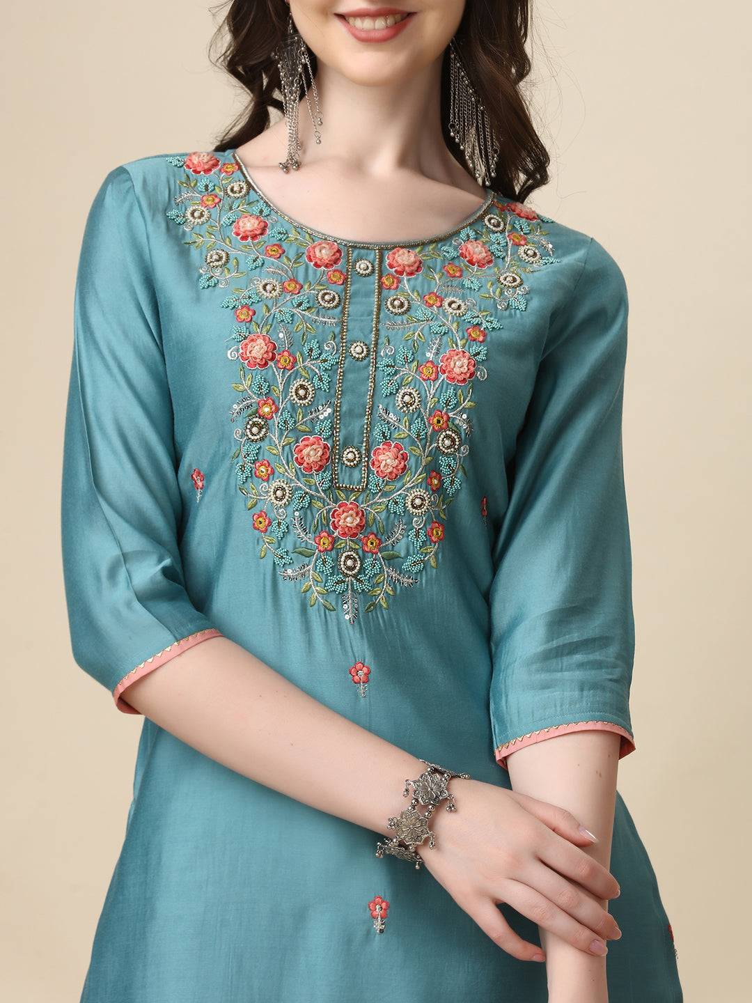 Hand Embroidered Kurta with Pant & Printed Dupatta Set