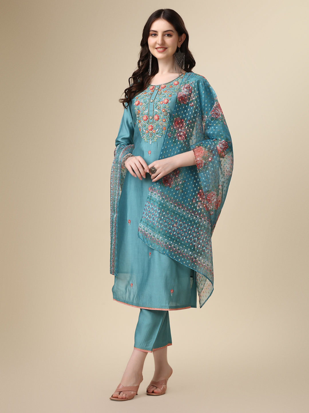 Hand Embroidered Kurta with Pant & Printed Dupatta Set