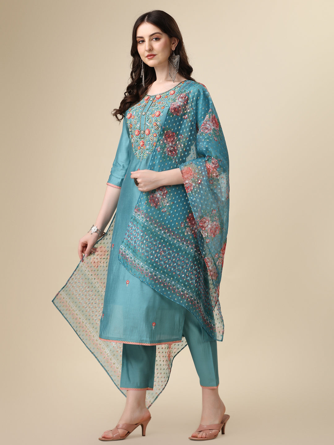 Hand Embroidered Kurta with Pant & Printed Dupatta Set