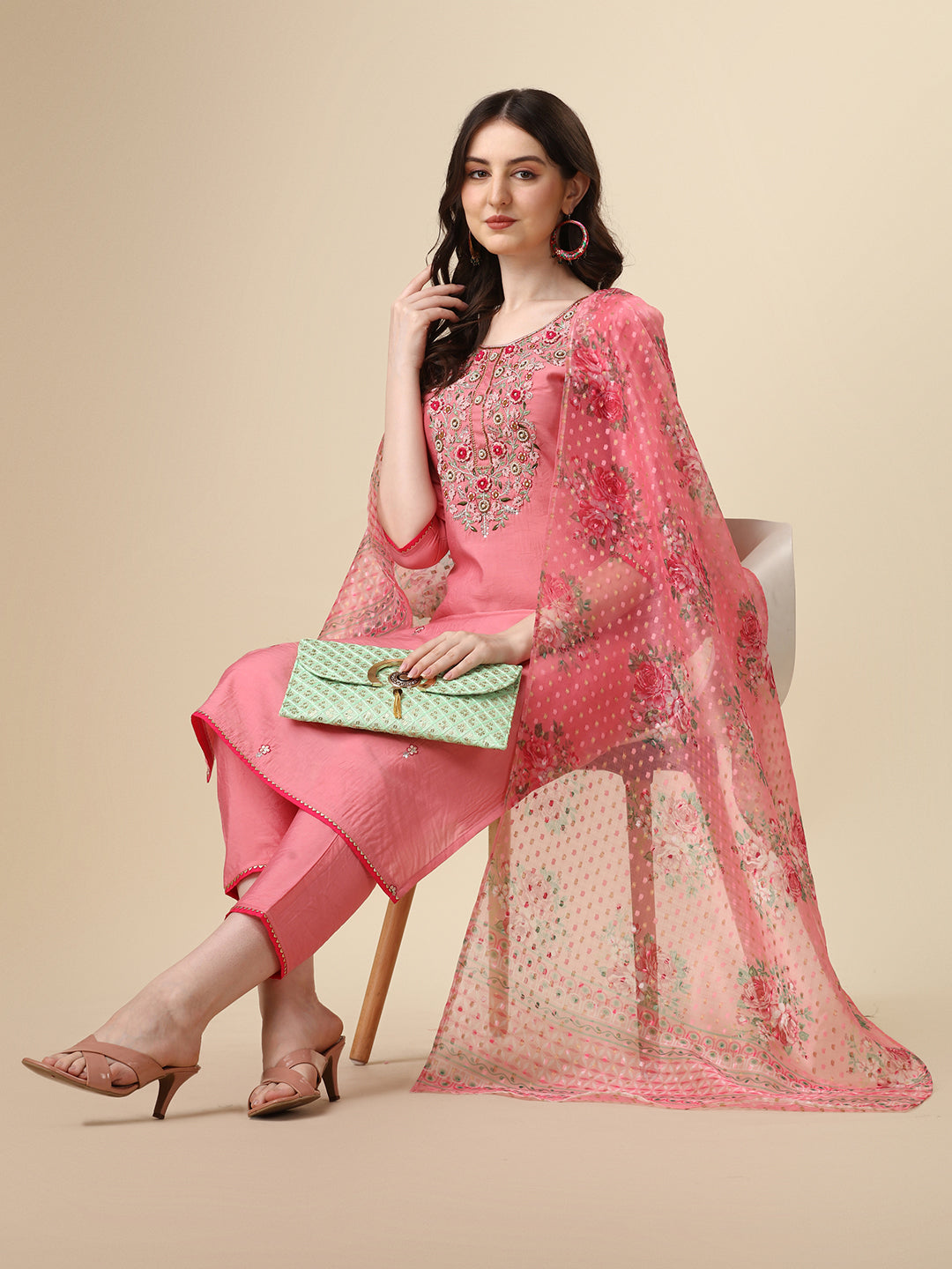 Embroidered Kurta with Pant & Printed Dupatta Set