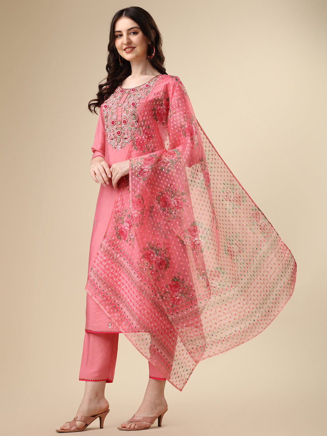 Embroidered Kurta with Pant & Printed Dupatta Set