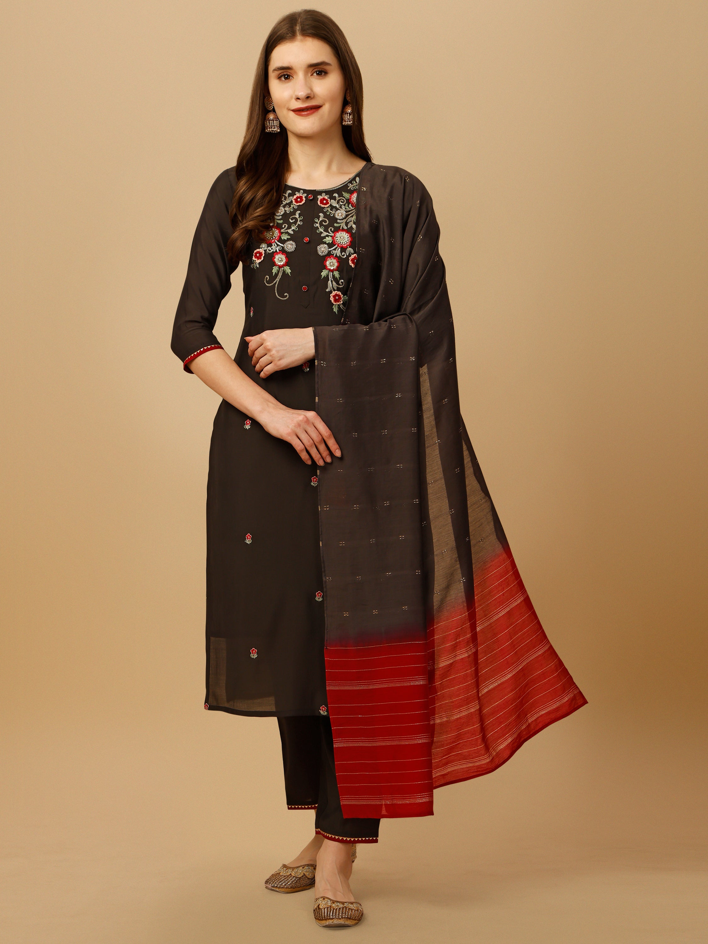 Hand Embroidered Kurta with Pant and Dupatta Set