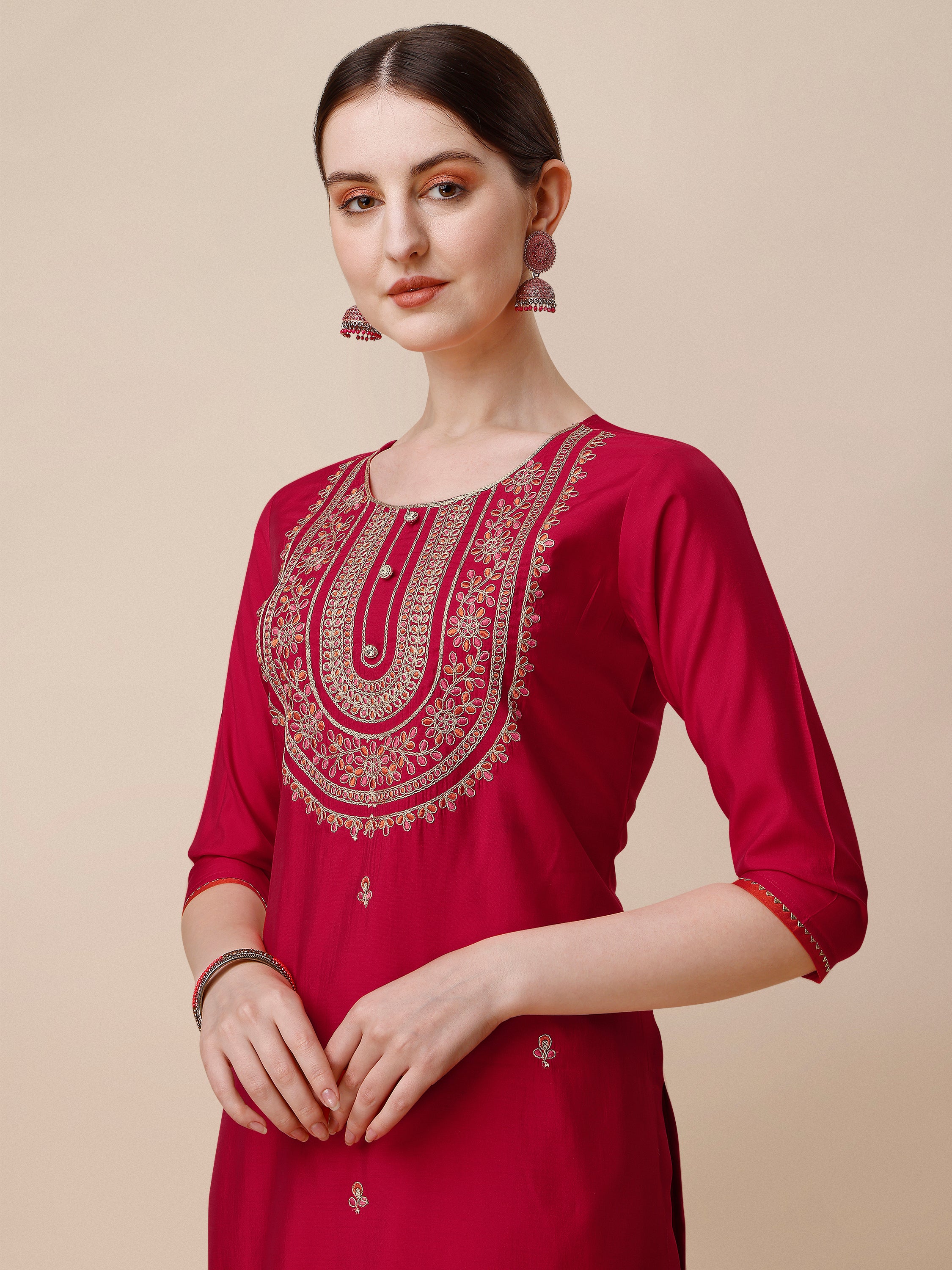 Embroidered Kurta With Pant And Dupatta Set