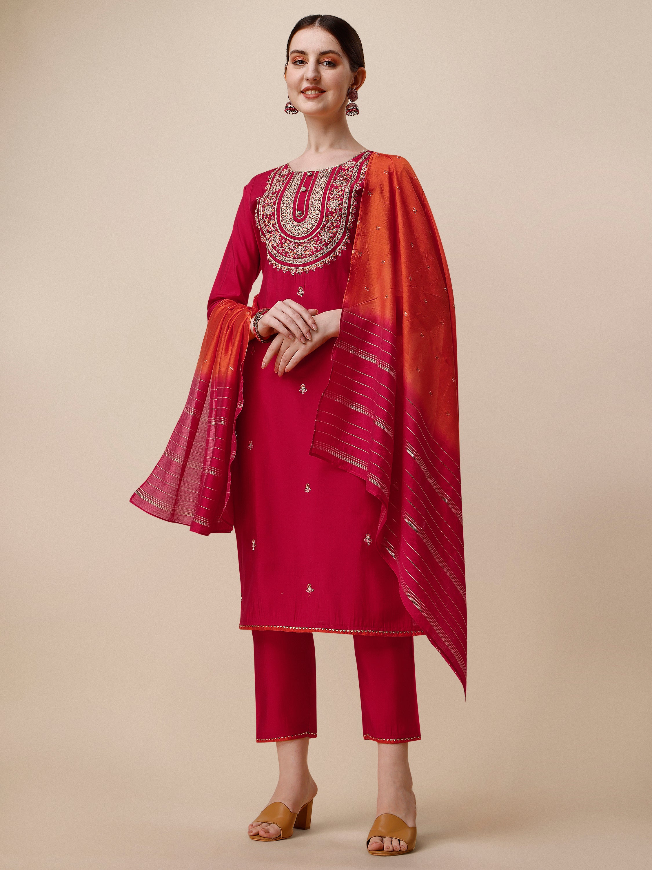 Embroidered Kurta With Pant And Dupatta Set