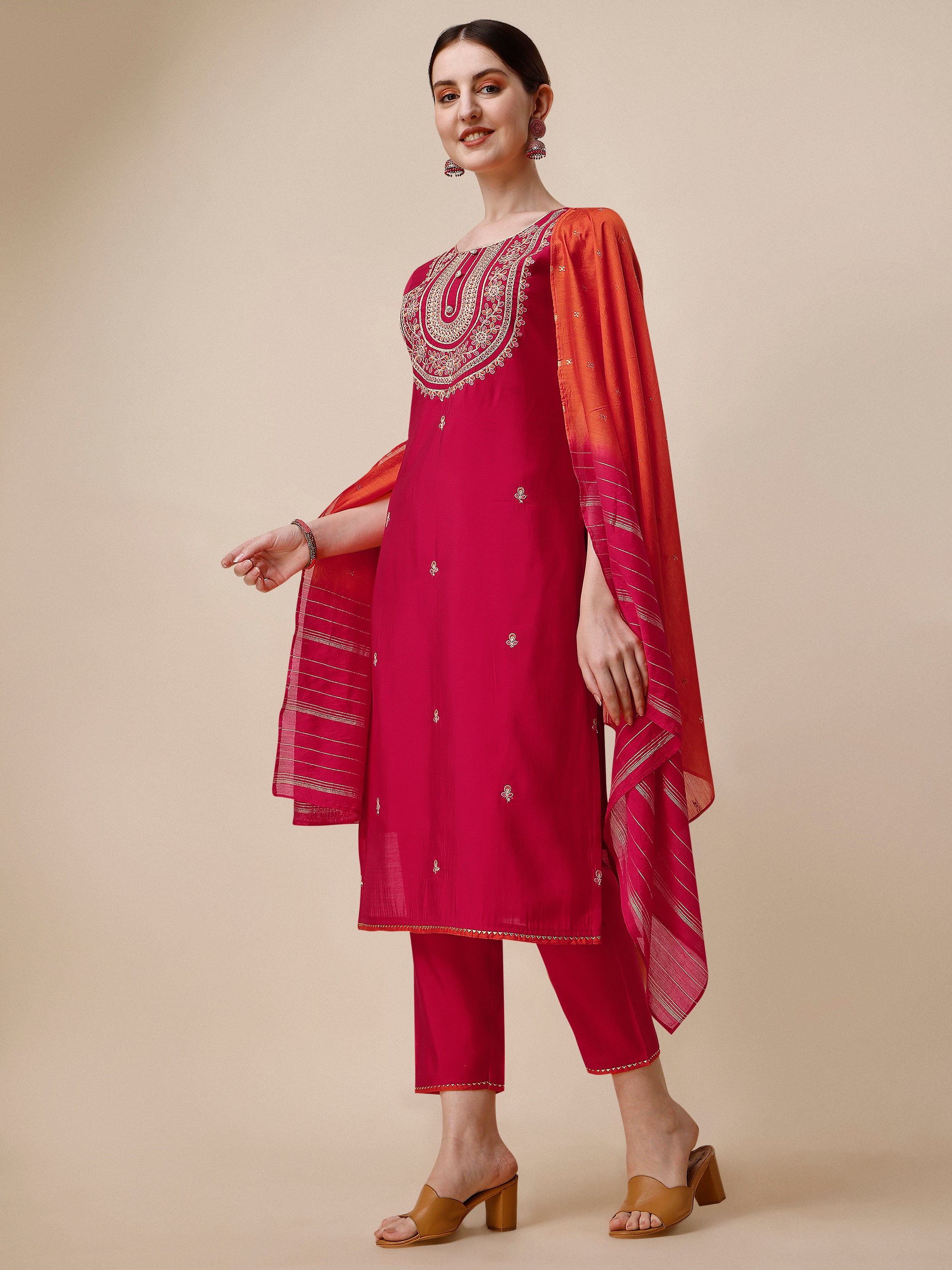 Embroidered Kurta With Pant And Dupatta Set