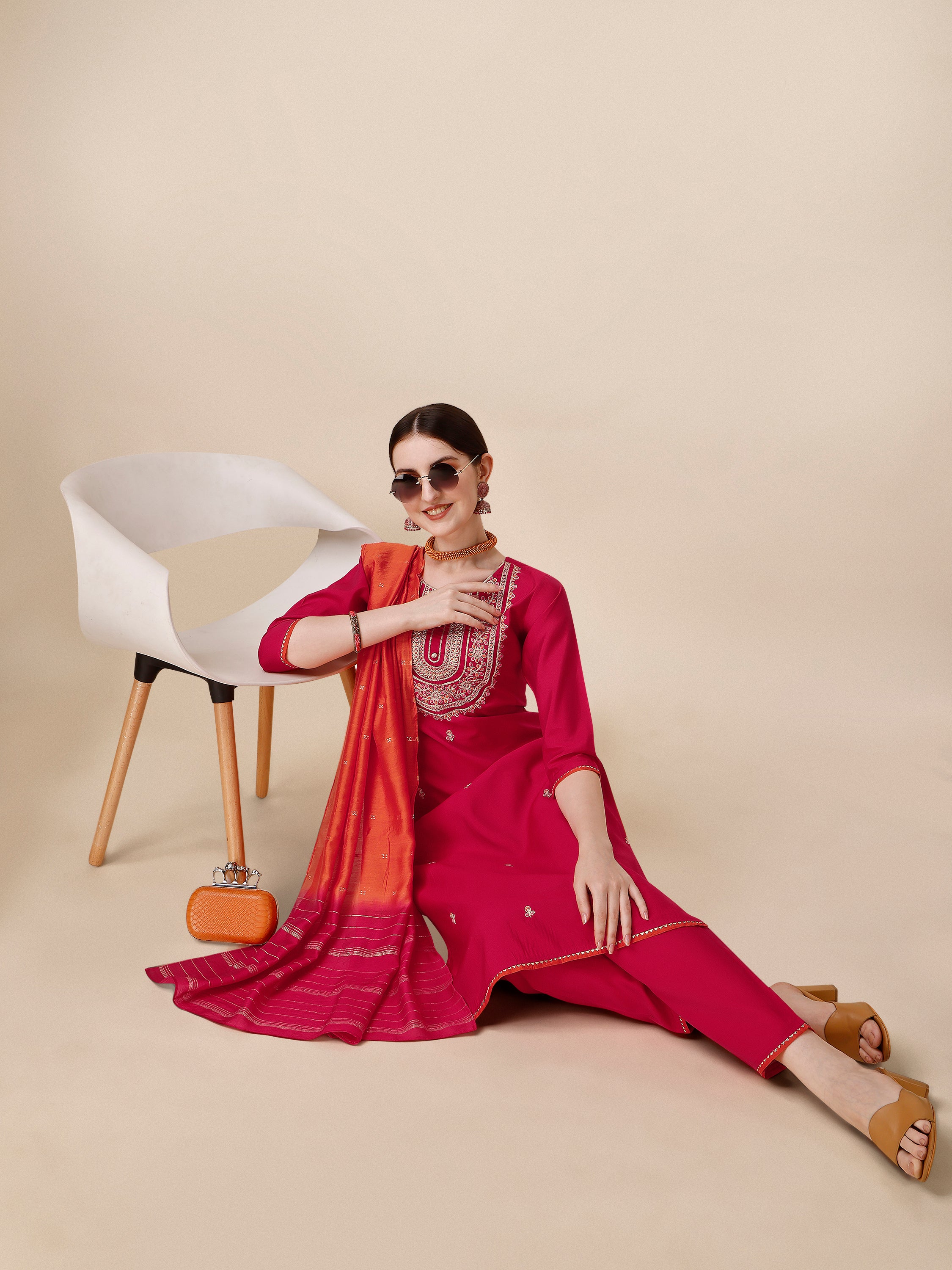 Embroidered Kurta With Pant And Dupatta Set