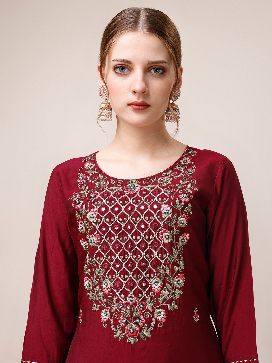 Mirror & Beads Hand Embroidered Kurta with pant & printed Organza Dupatta