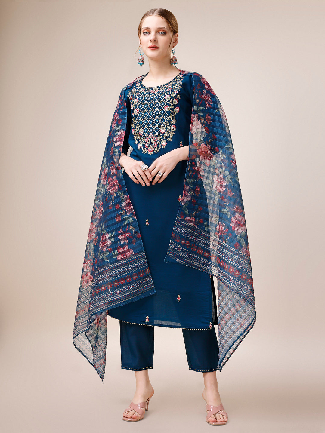 Hand Embroidered Kurta with Pant and Dupatta Set