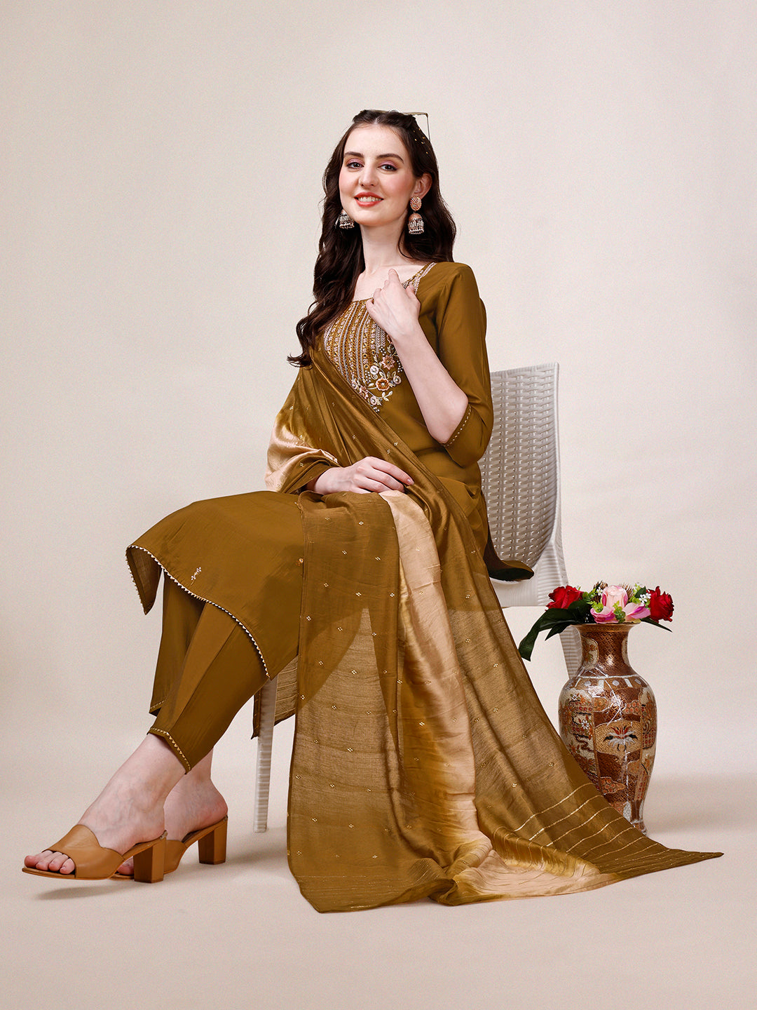 Hand Embroidered Kurta with pant & dupatta