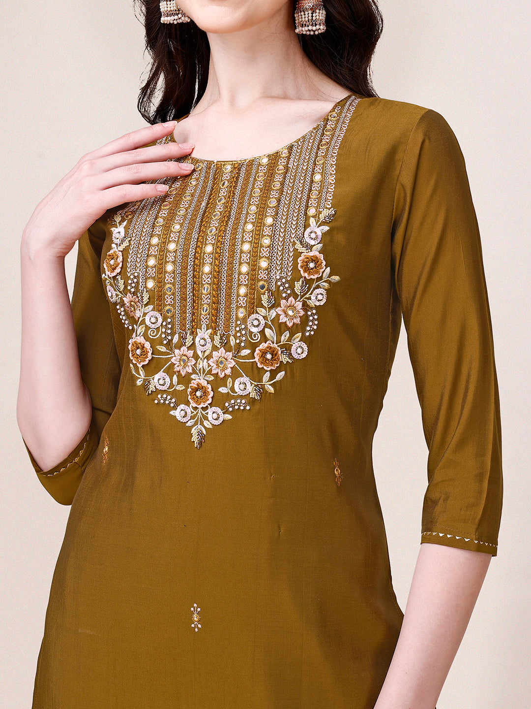 Hand Embroidered Kurta with pant & dupatta