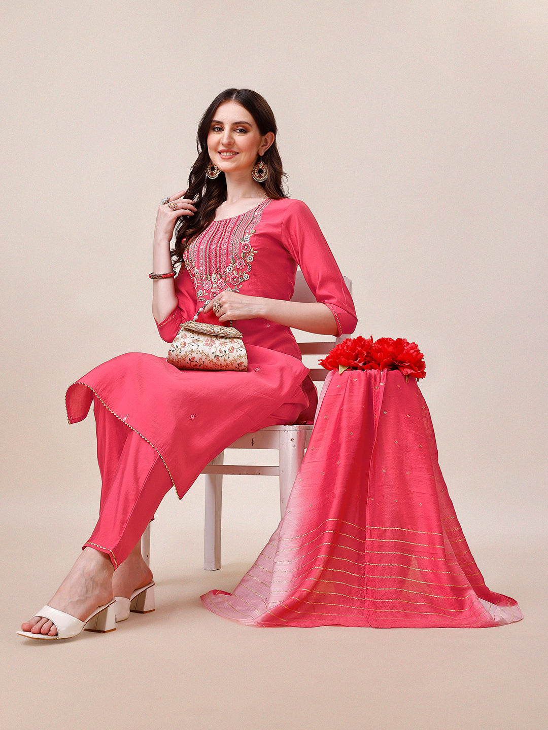 Embroidered Kurta with Pant and Dupatta Set