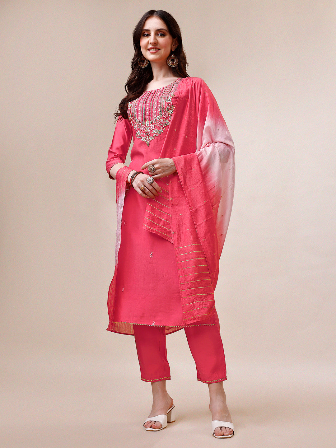 Embroidered Kurta with Pant and Dupatta Set