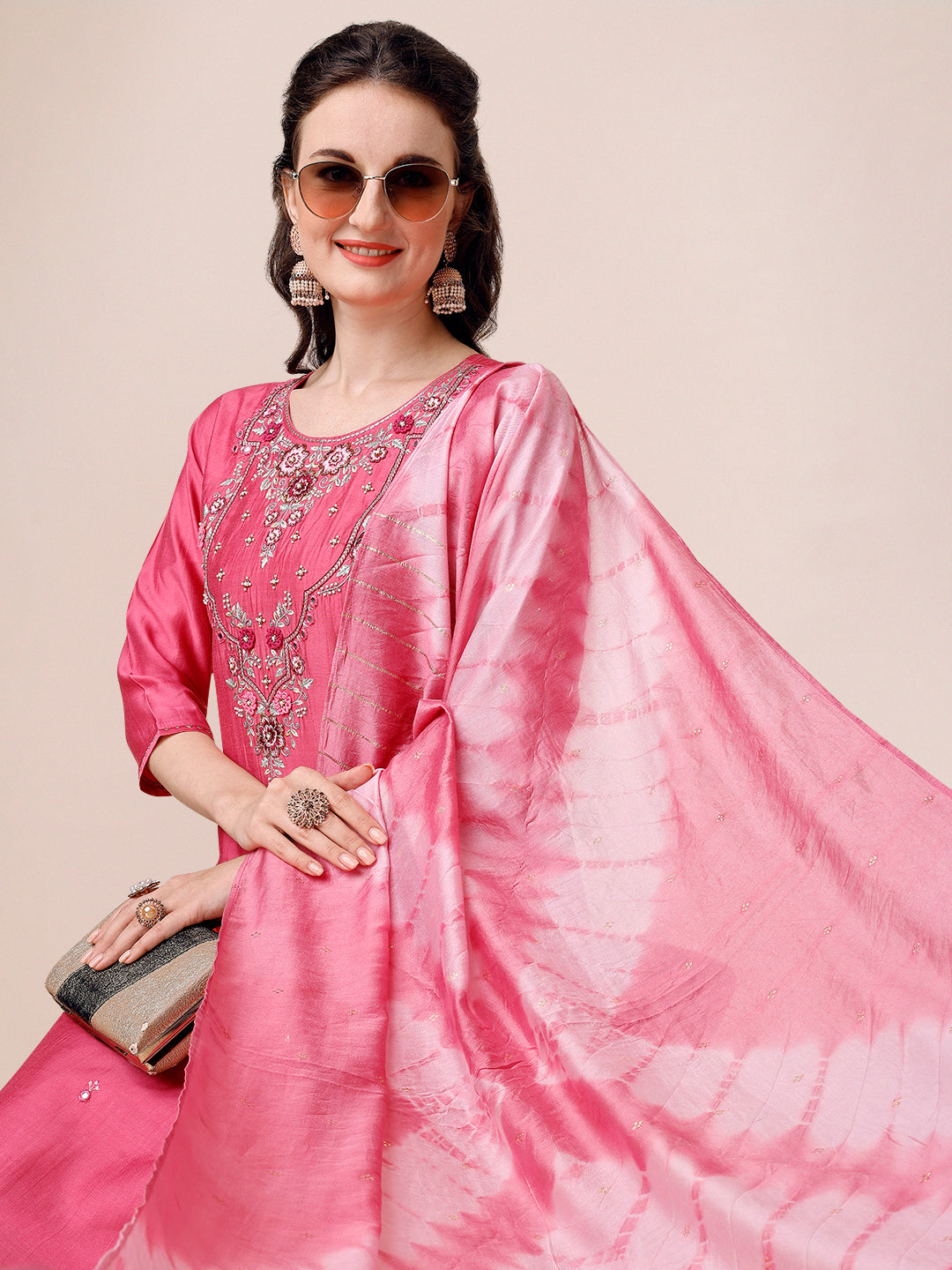 Hand Embroidered & Embroidered Kurta with Pant & 2 toned Dyed Dupatta