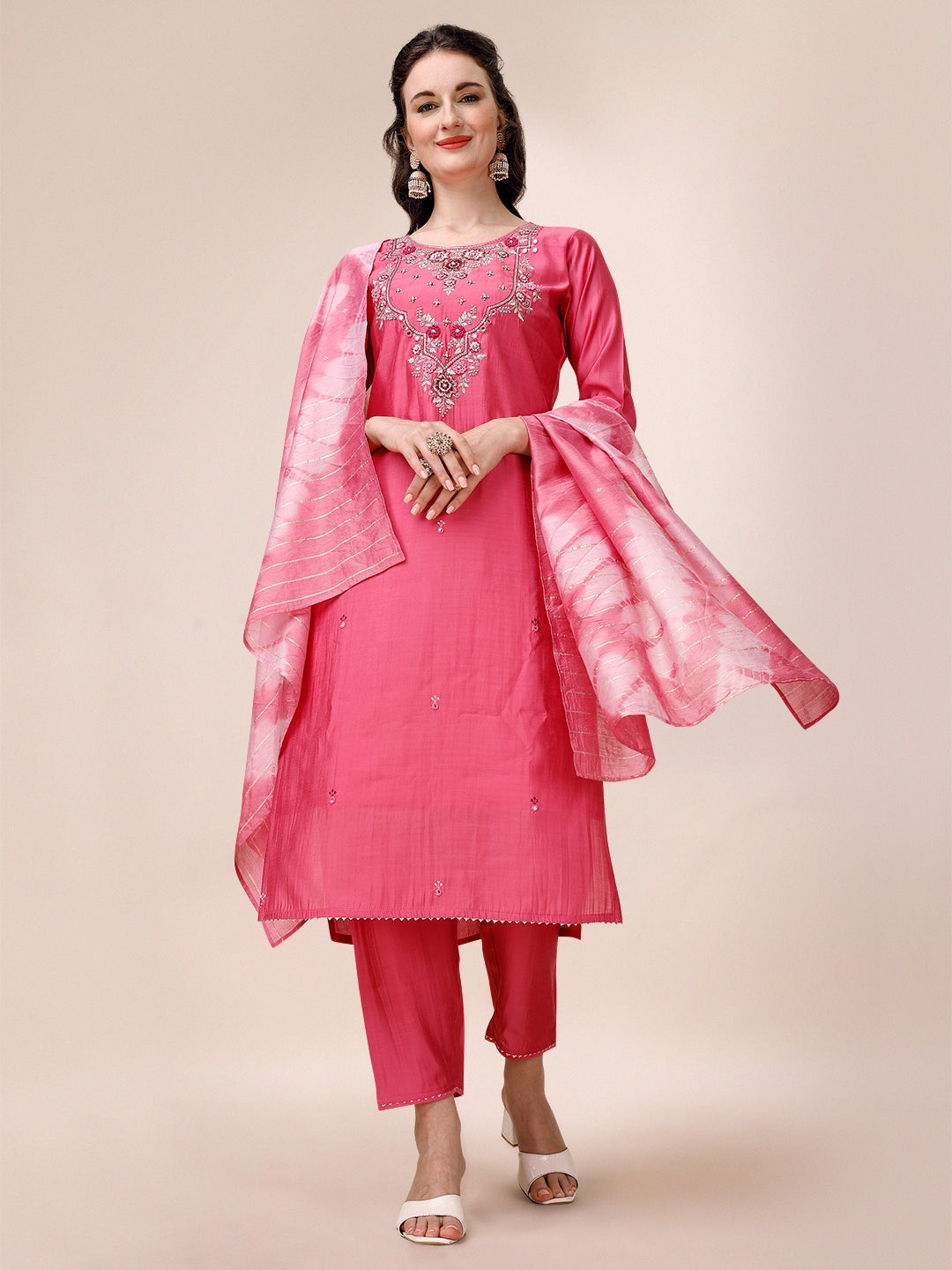 Hand Embroidered & Embroidered Kurta with Pant & 2 toned Dyed Dupatta