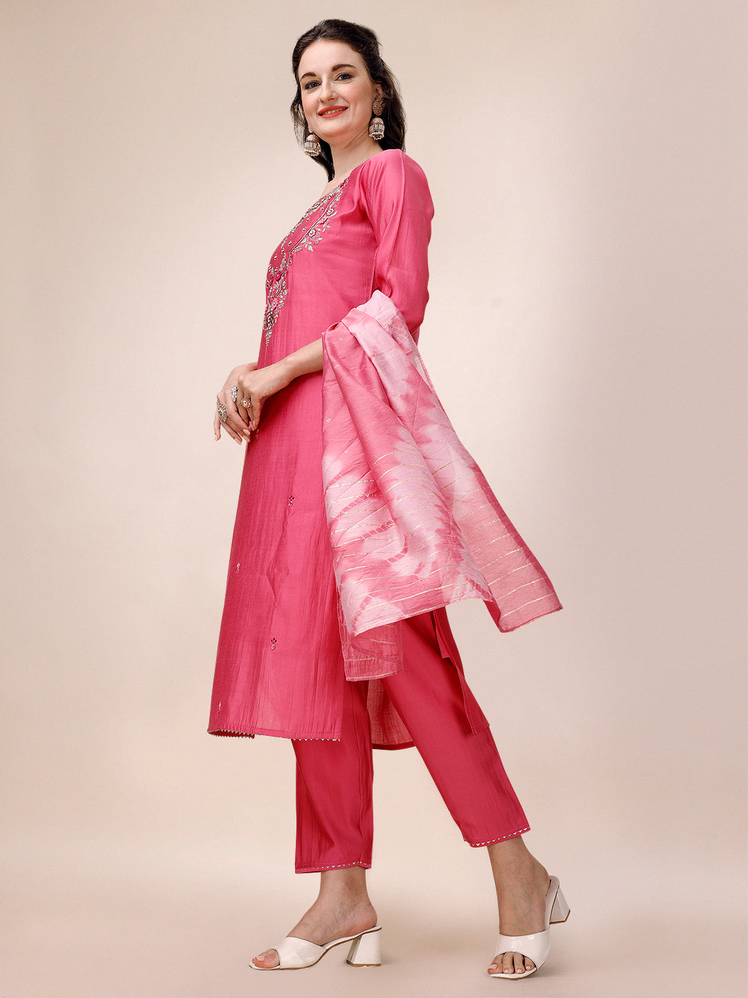 Hand Embroidered & Embroidered Kurta with Pant & 2 toned Dyed Dupatta