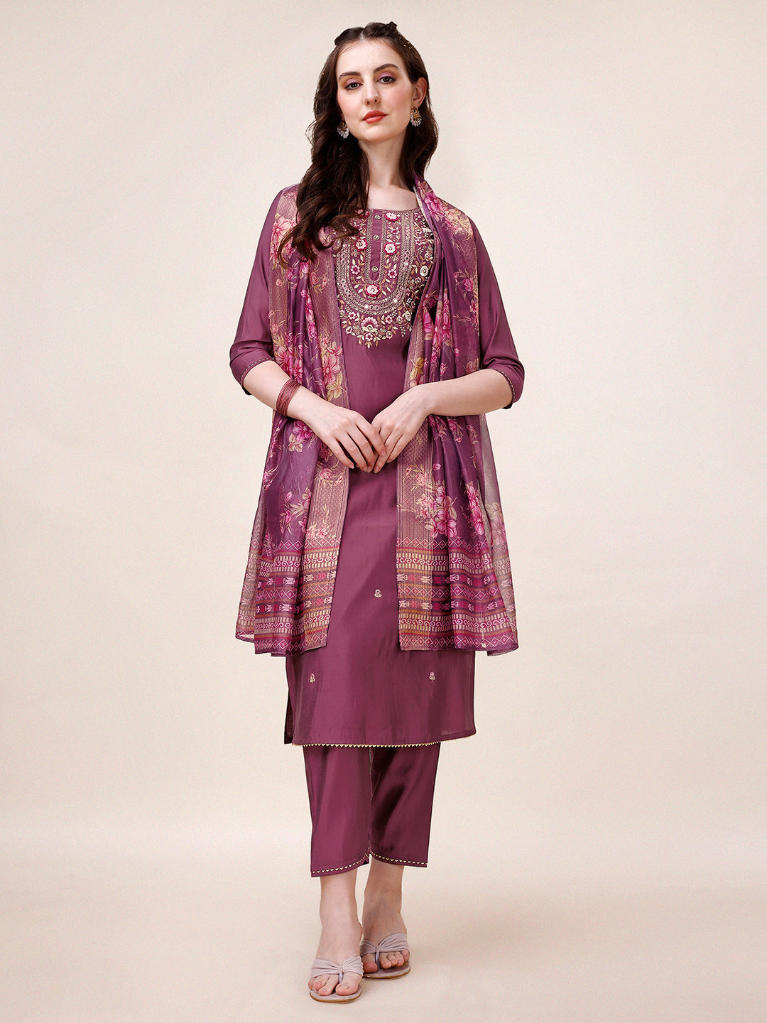 Hand Embroidered Kurta with pant & printed Dupatta