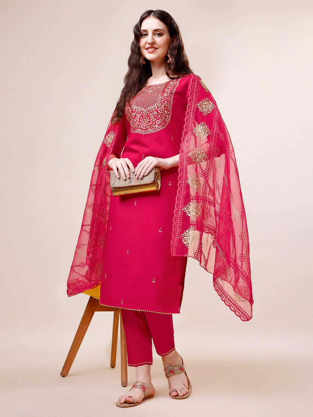 Embroidered Kurta with Pant and Dupatta Set