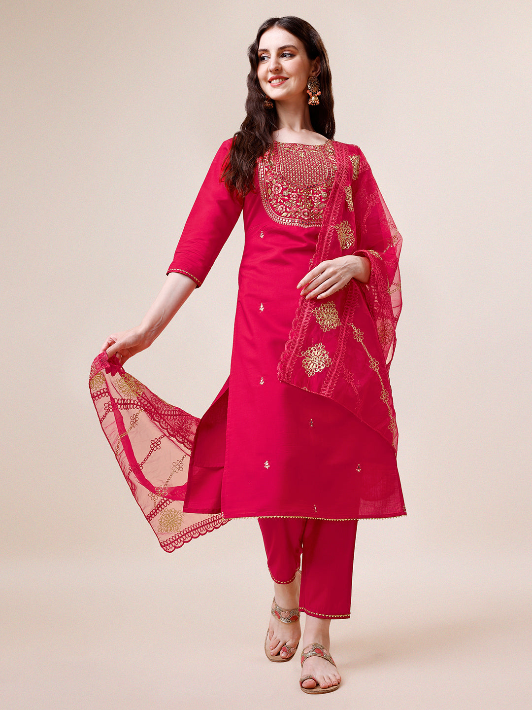 Embroidered Kurta with Pant and Dupatta Set