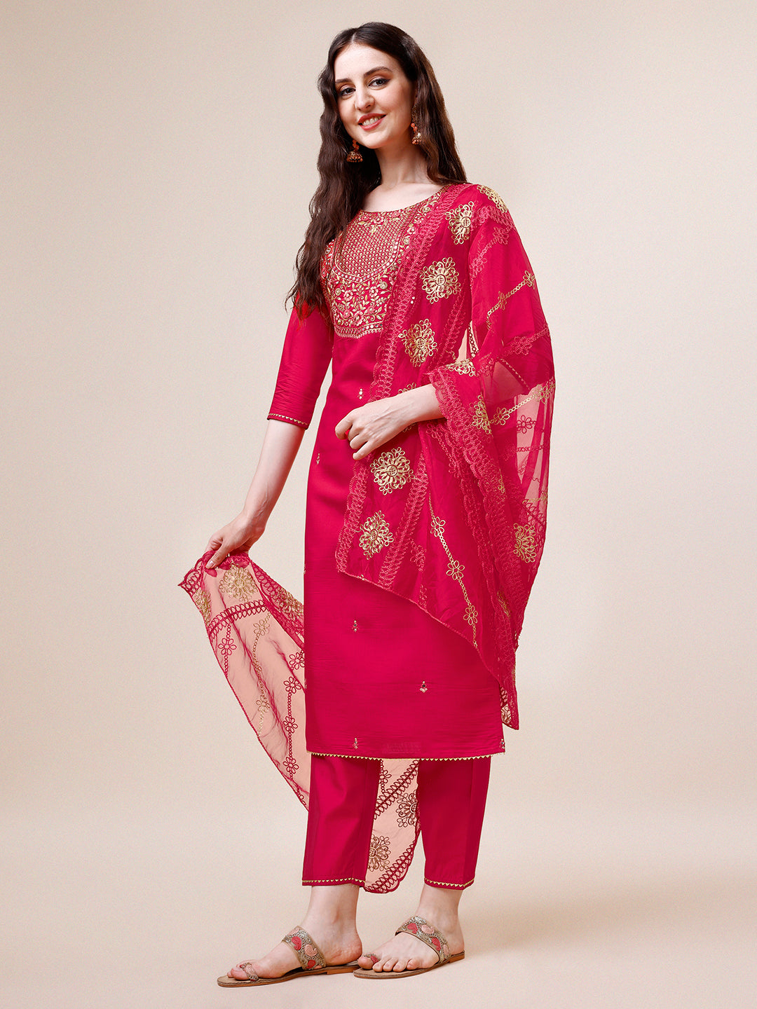 Embroidered Kurta with Pant and Dupatta Set