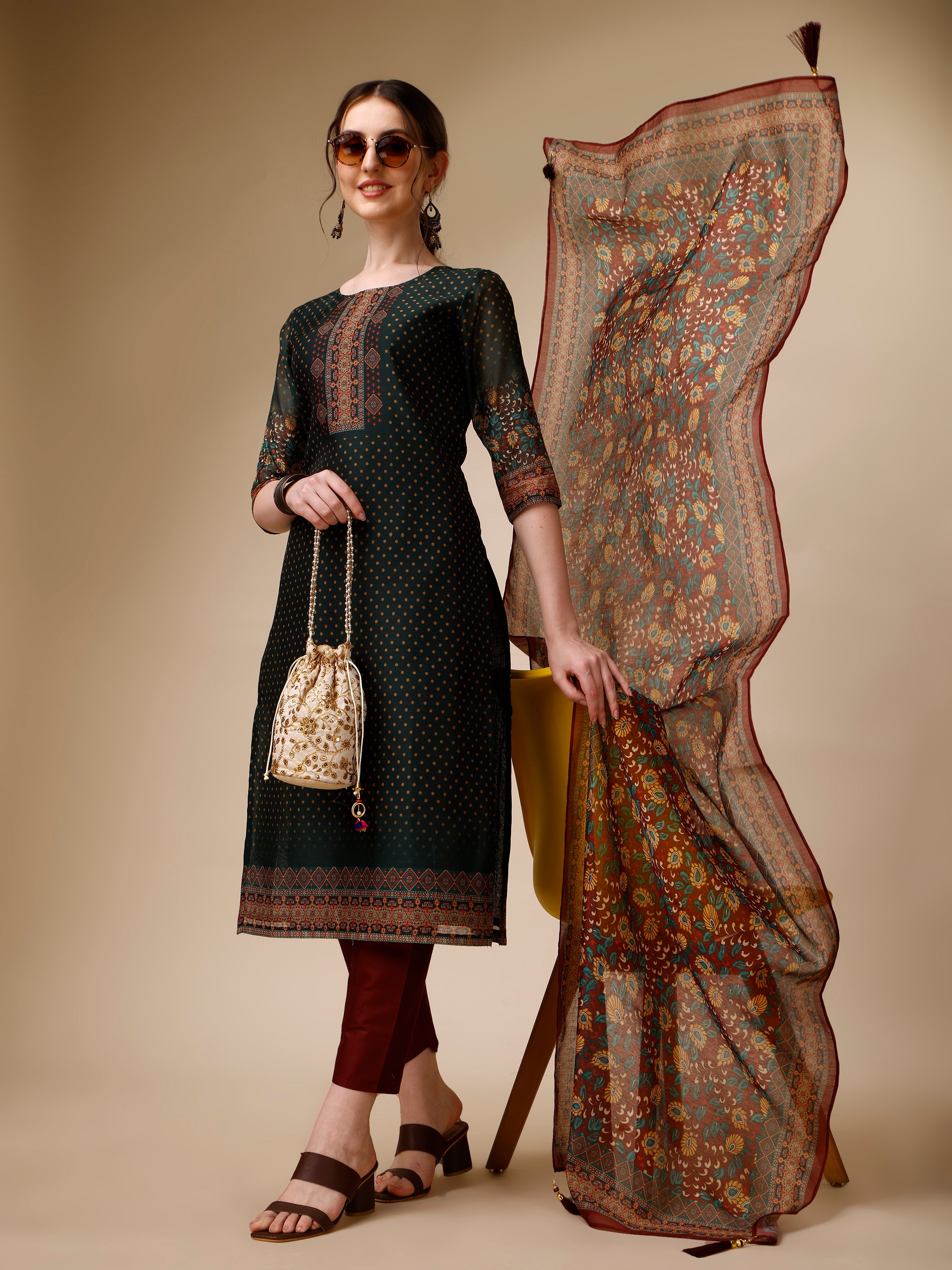 Polka & Floral Printed Chanderi Kurta with pant & dupatta