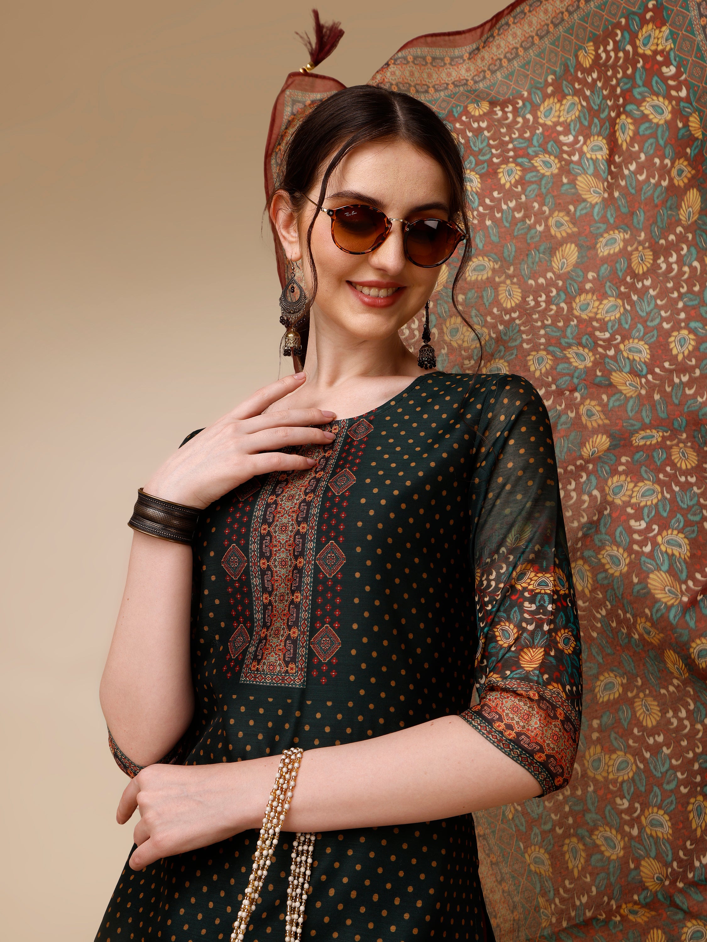 Polka & Floral Printed Chanderi Kurta with pant & dupatta