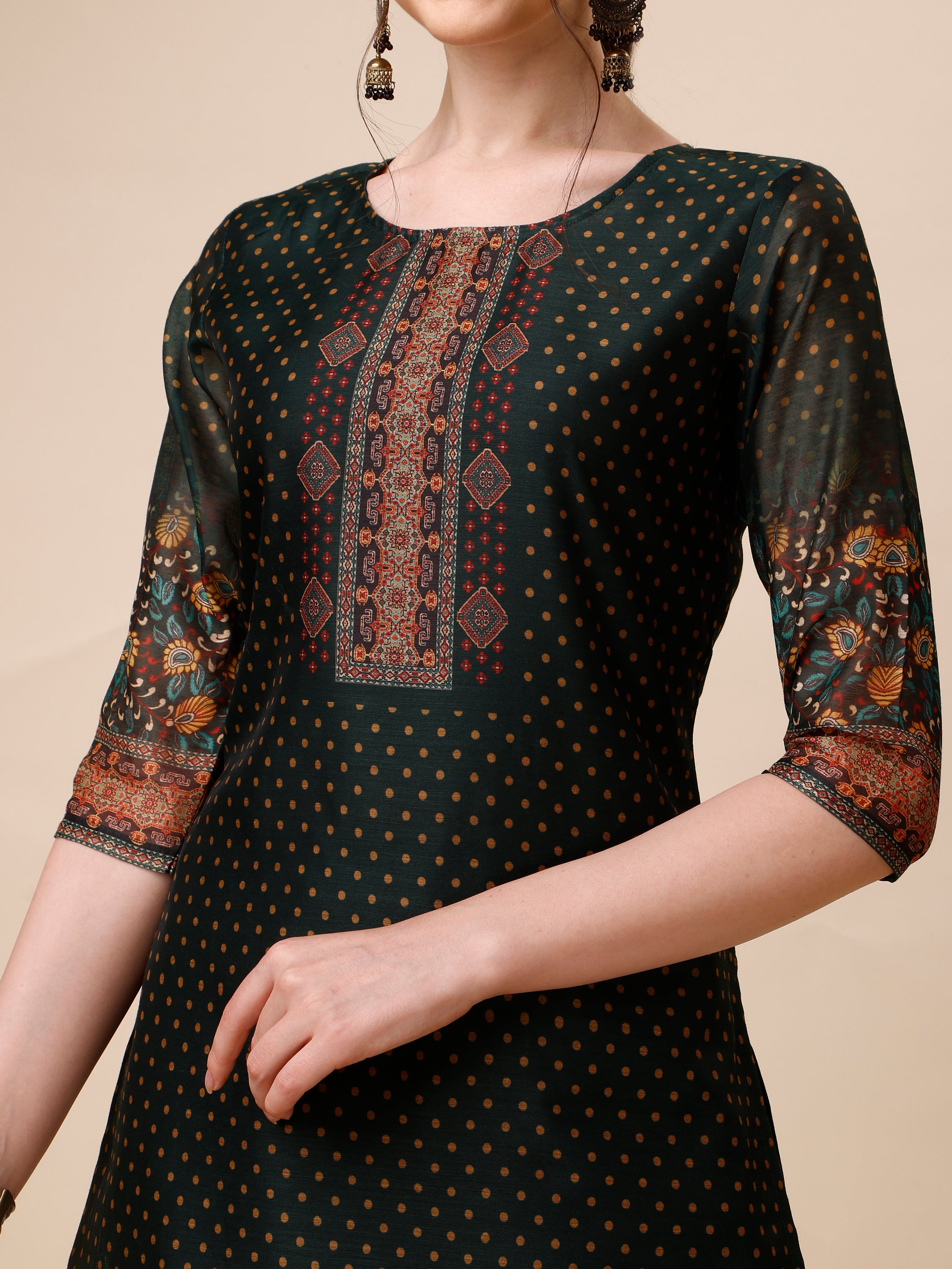 Polka & Floral Printed Chanderi Kurta with pant & dupatta