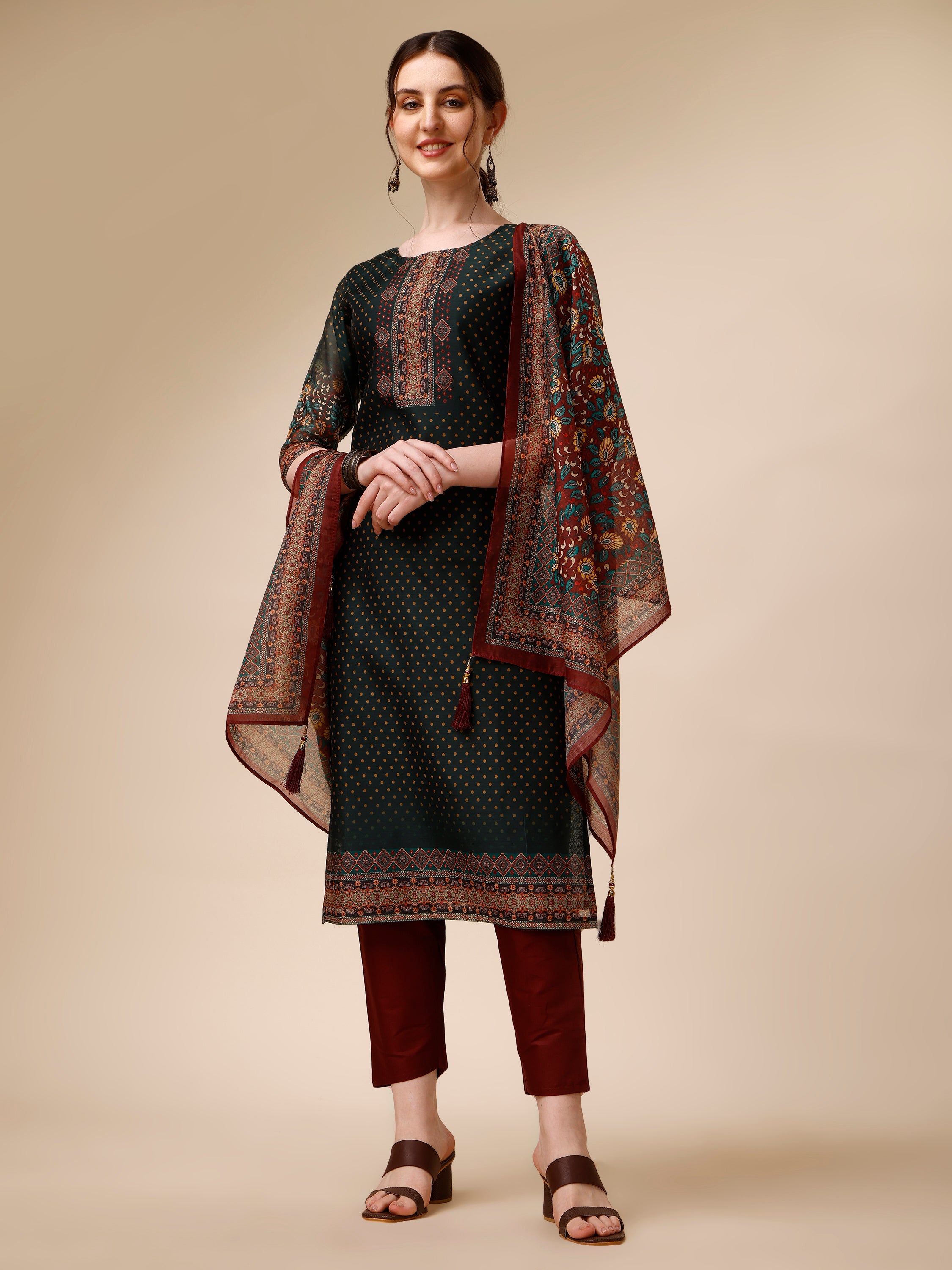 Polka & Floral Printed Chanderi Kurta with pant & dupatta