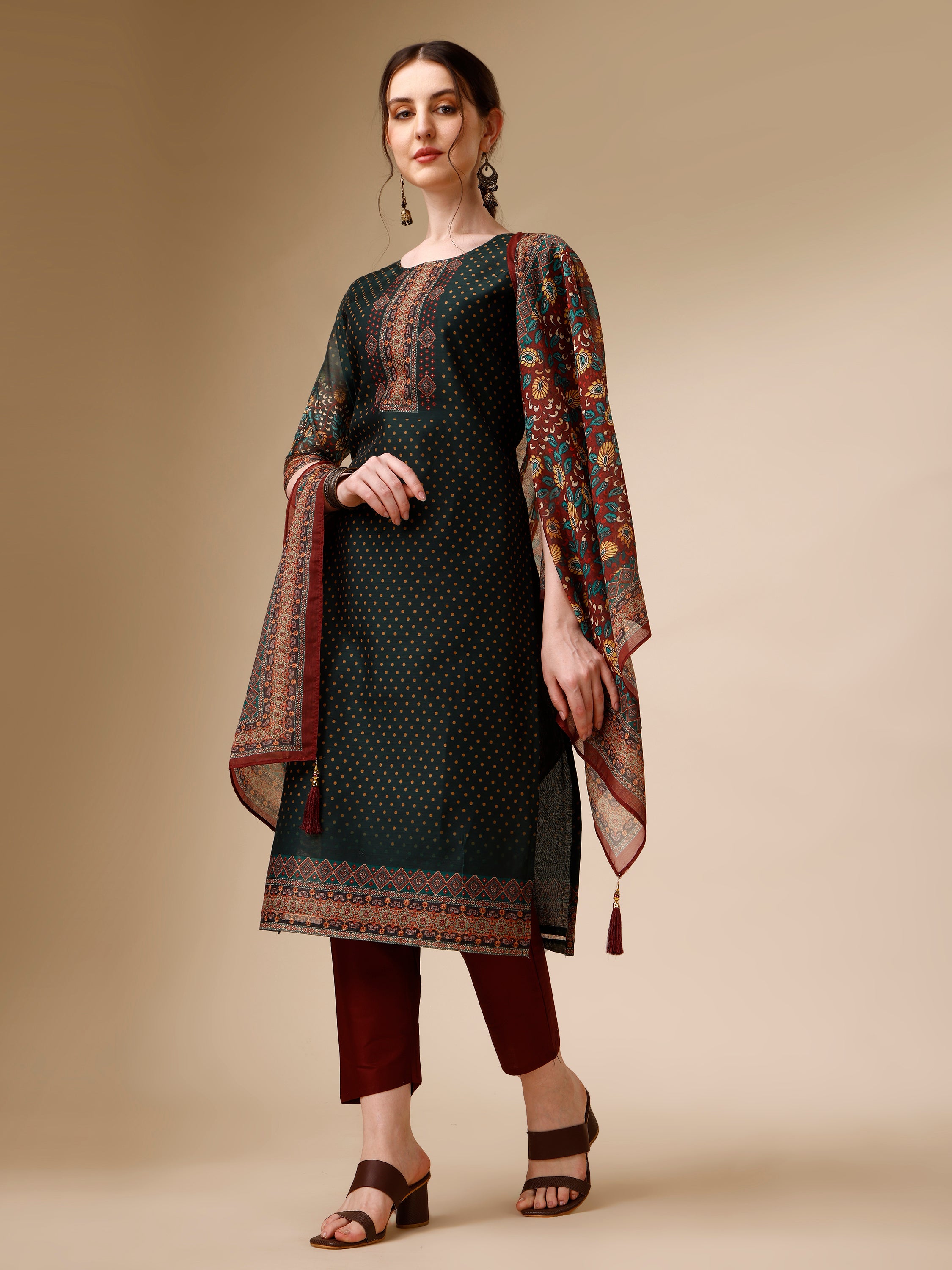 Polka & Floral Printed Chanderi Kurta with pant & dupatta