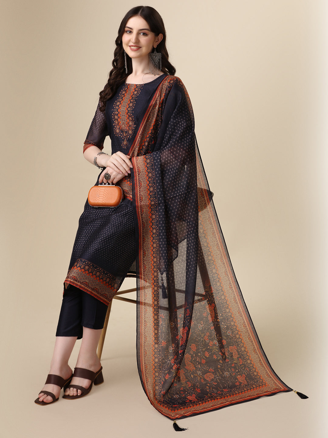 Printed & Hand Embroidered Kurta with Pant and Printed Dupatta Set