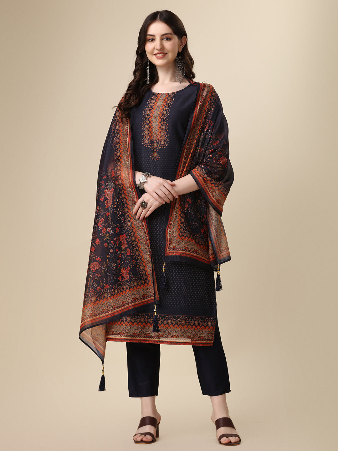 Printed & Hand Embroidered Kurta with Pant and Printed Dupatta Set