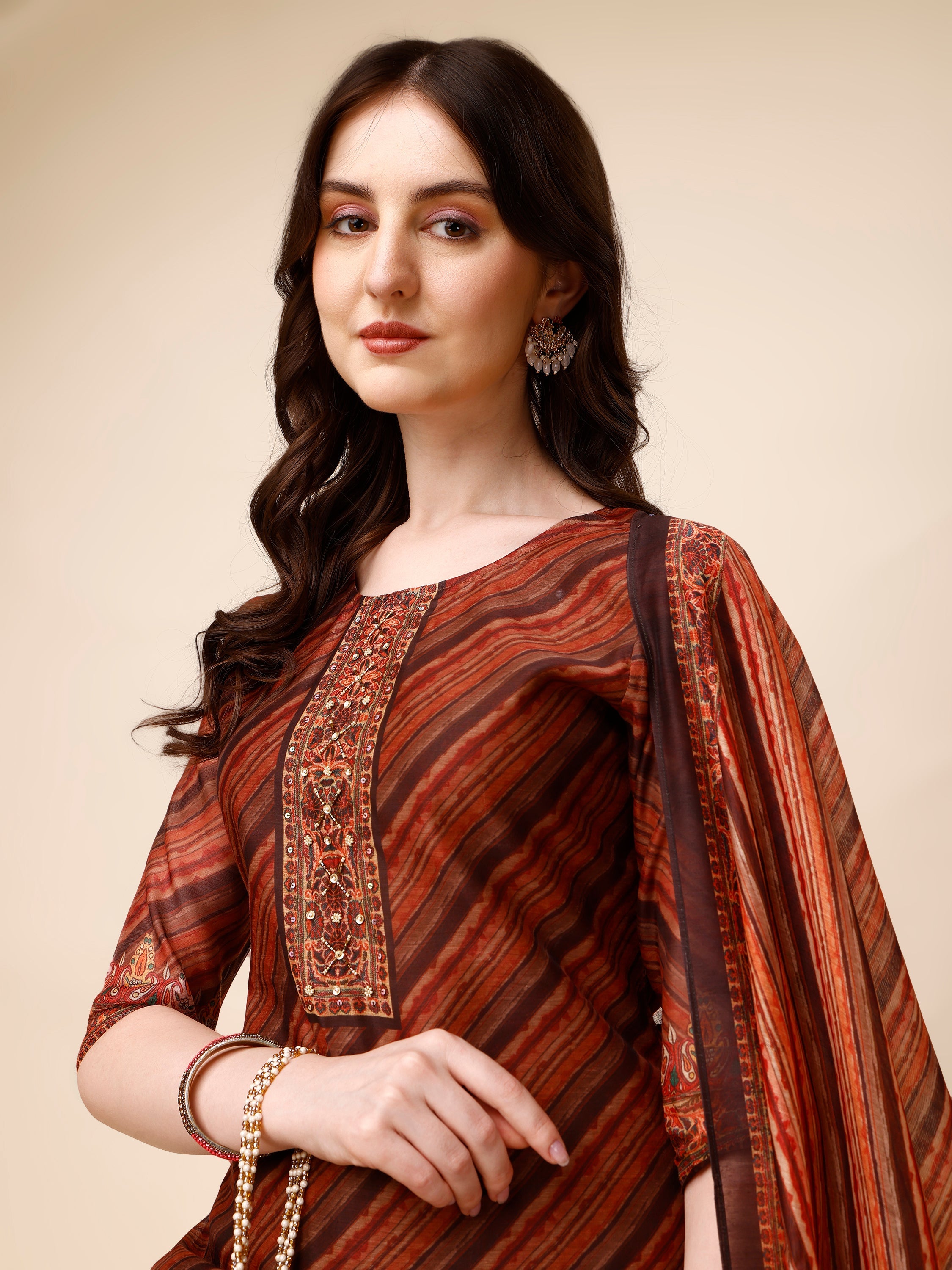 Leheriya Printed &  Embroidered Kurta with Pant and Dupatta Set