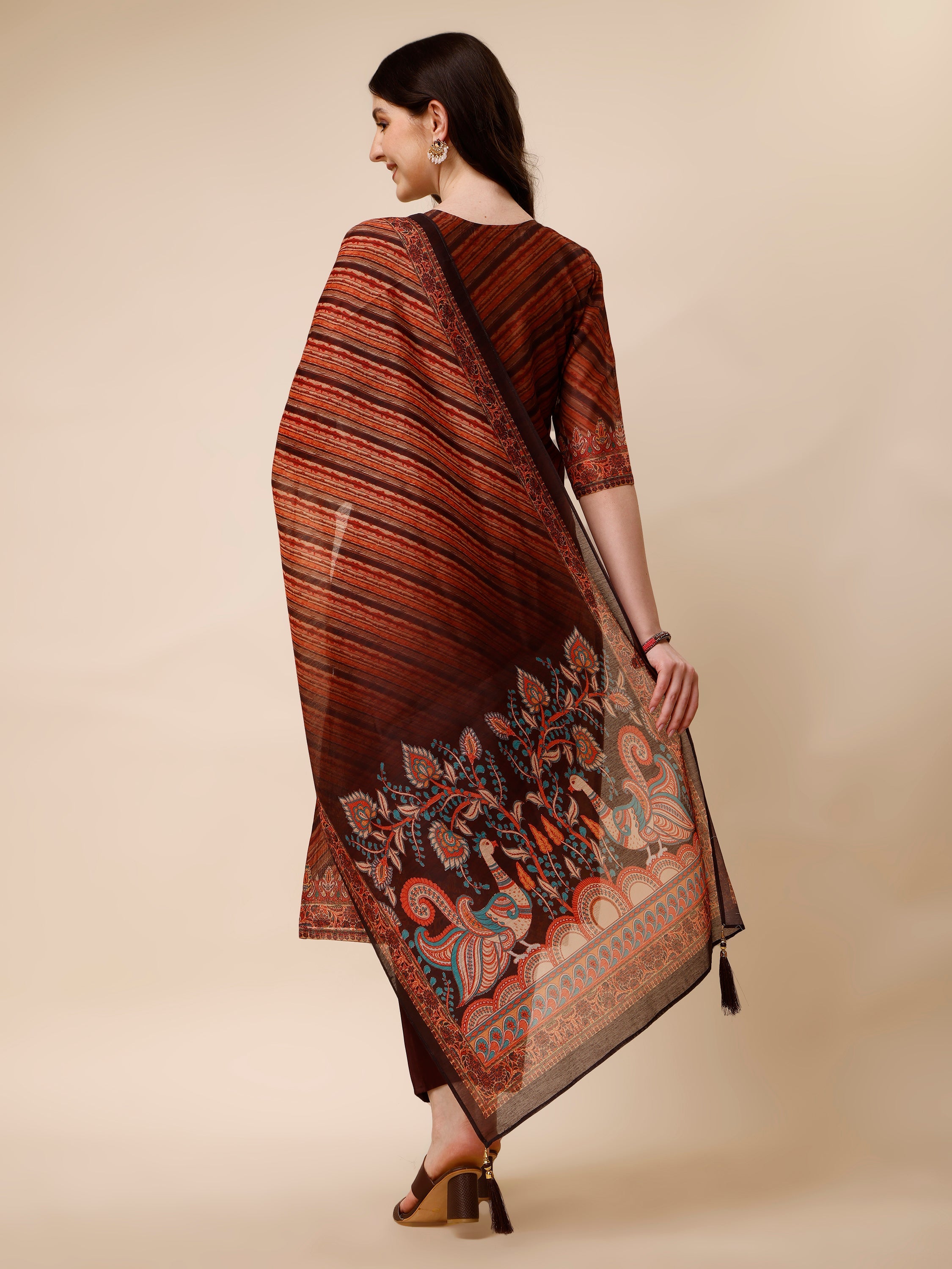 Leheriya Printed &  Embroidered Kurta with Pant and Dupatta Set