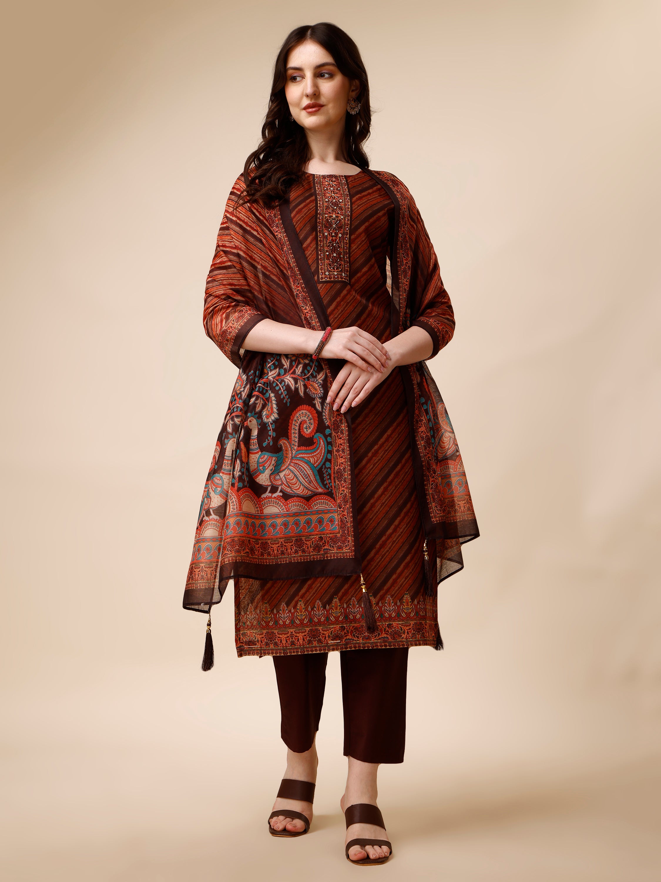 Leheriya Printed &  Embroidered Kurta with Pant and Dupatta Set