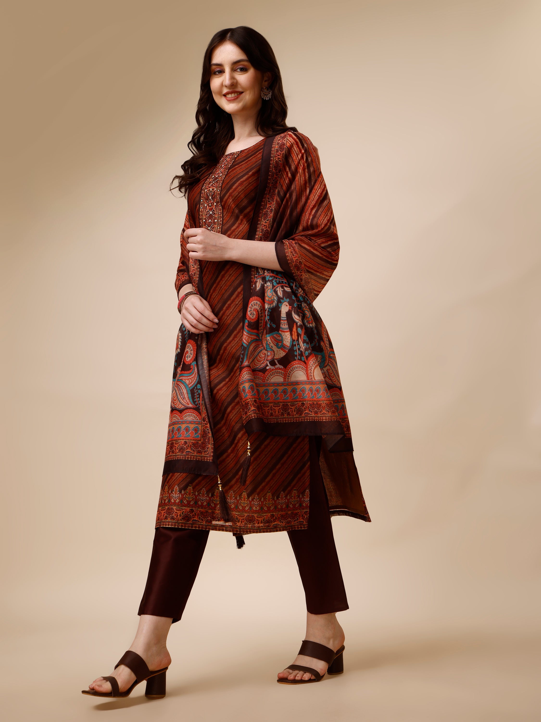 Leheriya Printed &  Embroidered Kurta with Pant and Dupatta Set