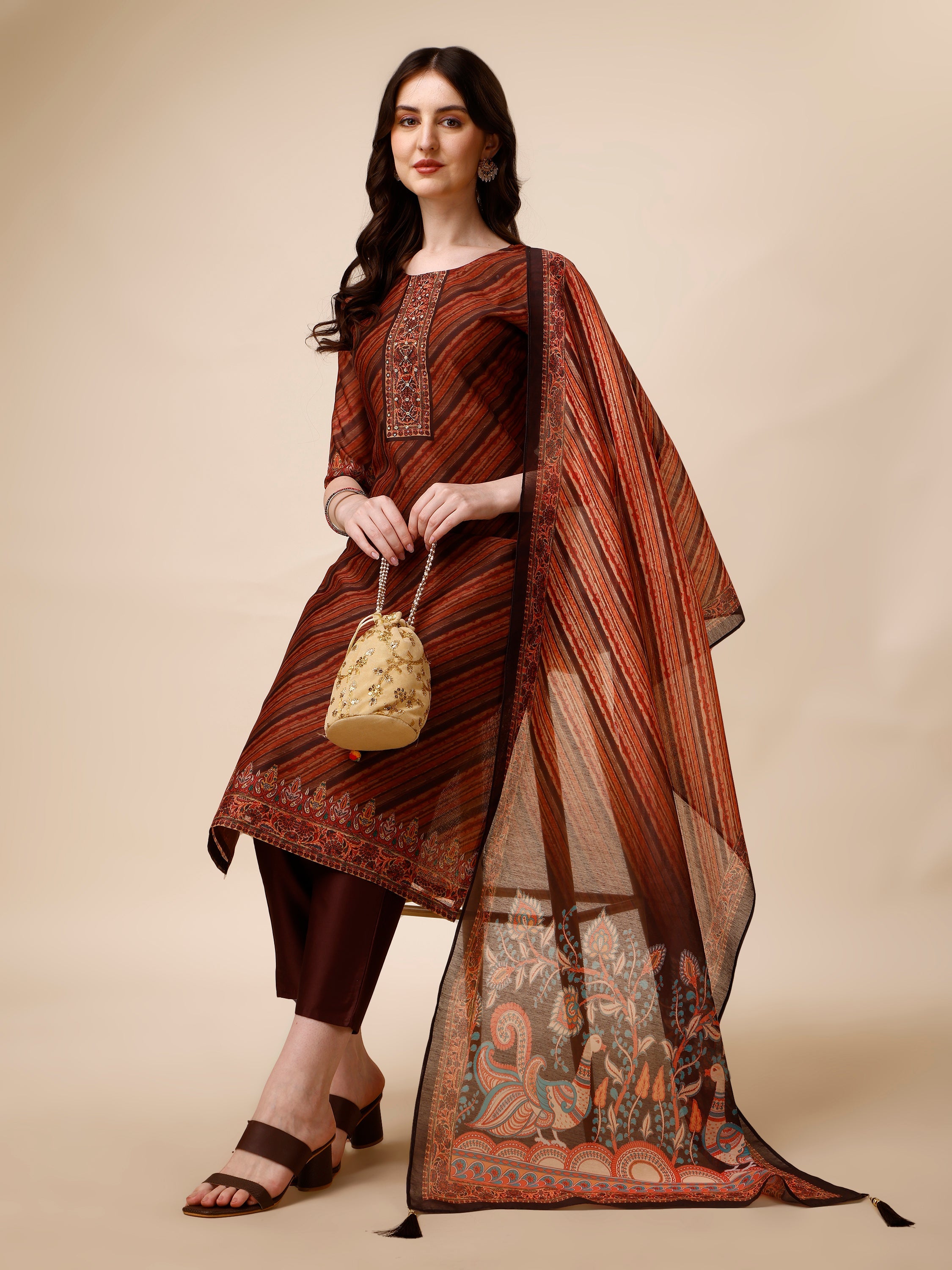 Leheriya Printed &  Embroidered Kurta with Pant and Dupatta Set