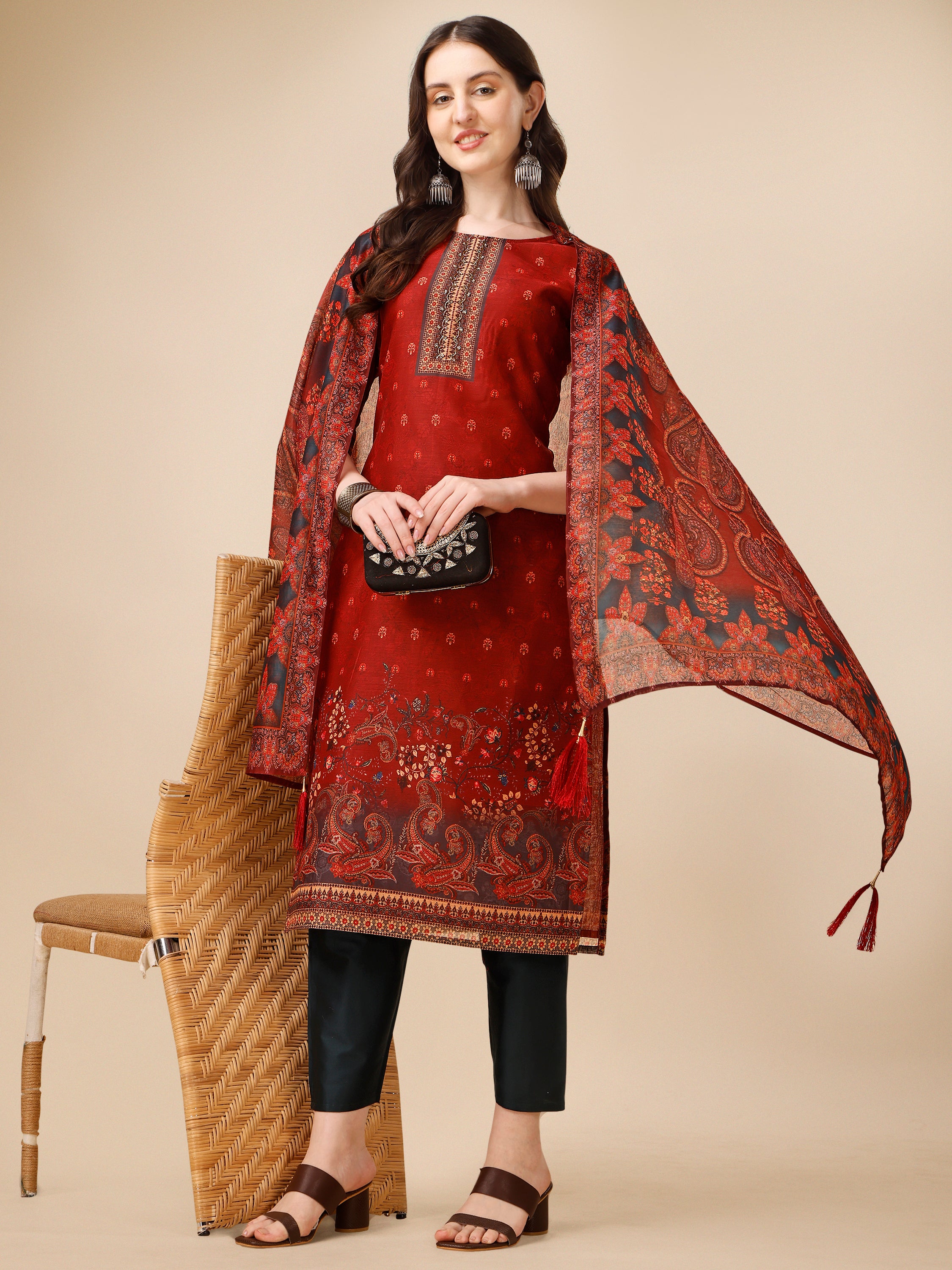 Printed and  Embroidered kurta with Pant and Dupatta Set