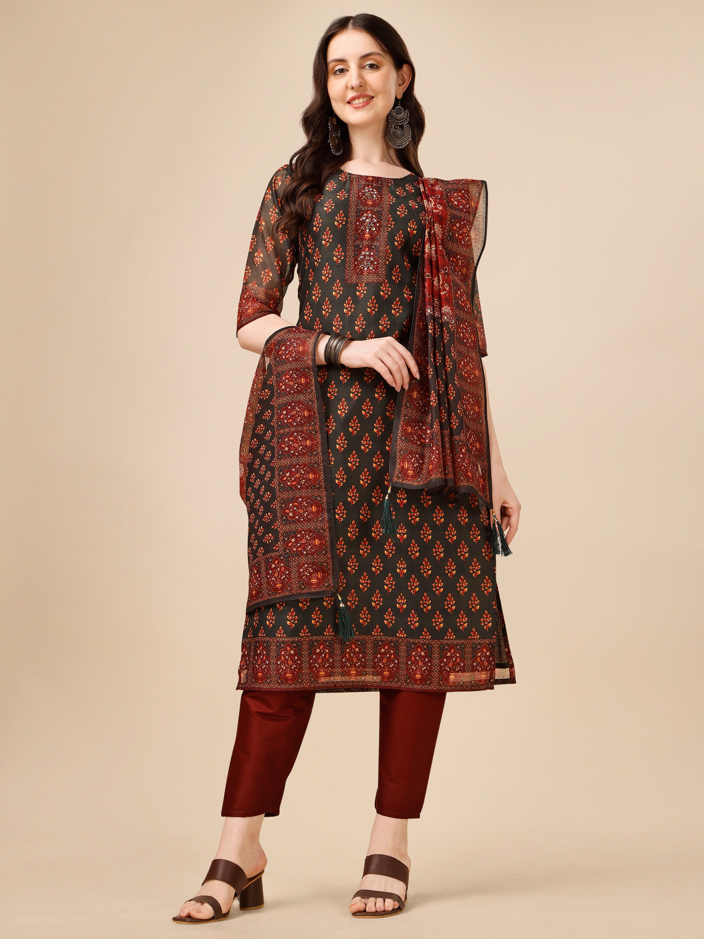 Printed and Embroidered Kurta with Pant and Dupatta Set