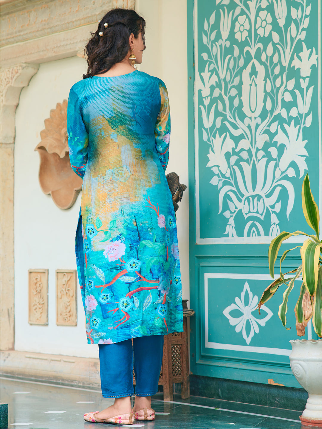 Hand Embroidered & Digital printed Muslin kurta with pant &  Printed Dupatta