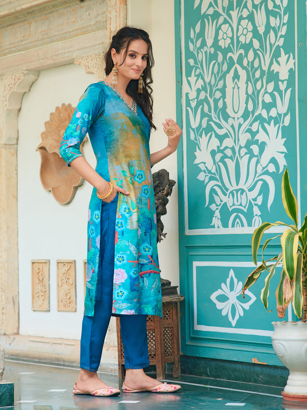 Hand Embroidered & Digital printed Muslin kurta with pant &  Printed Dupatta