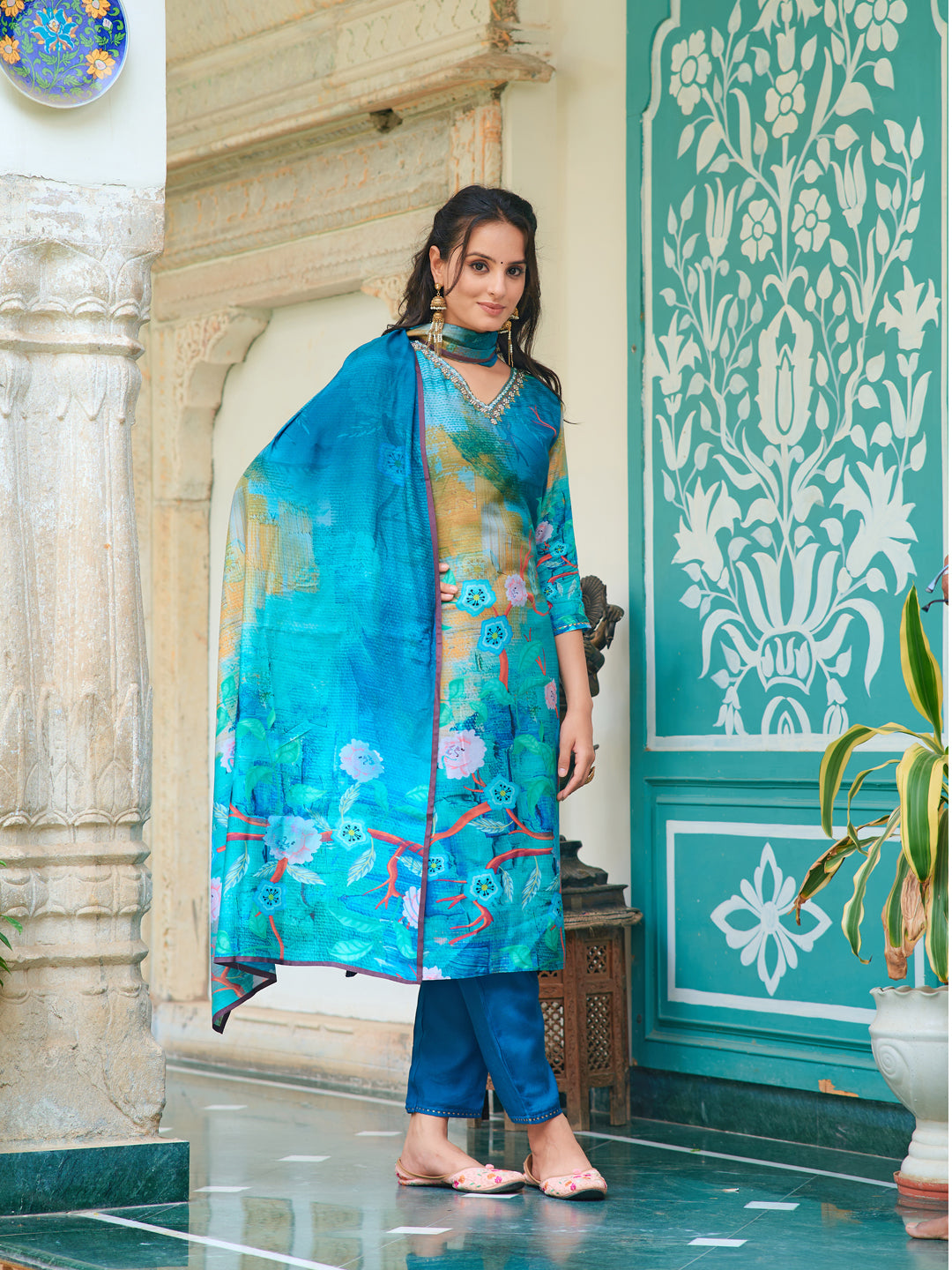 Hand Embroidered & Digital printed Muslin kurta with pant &  Printed Dupatta