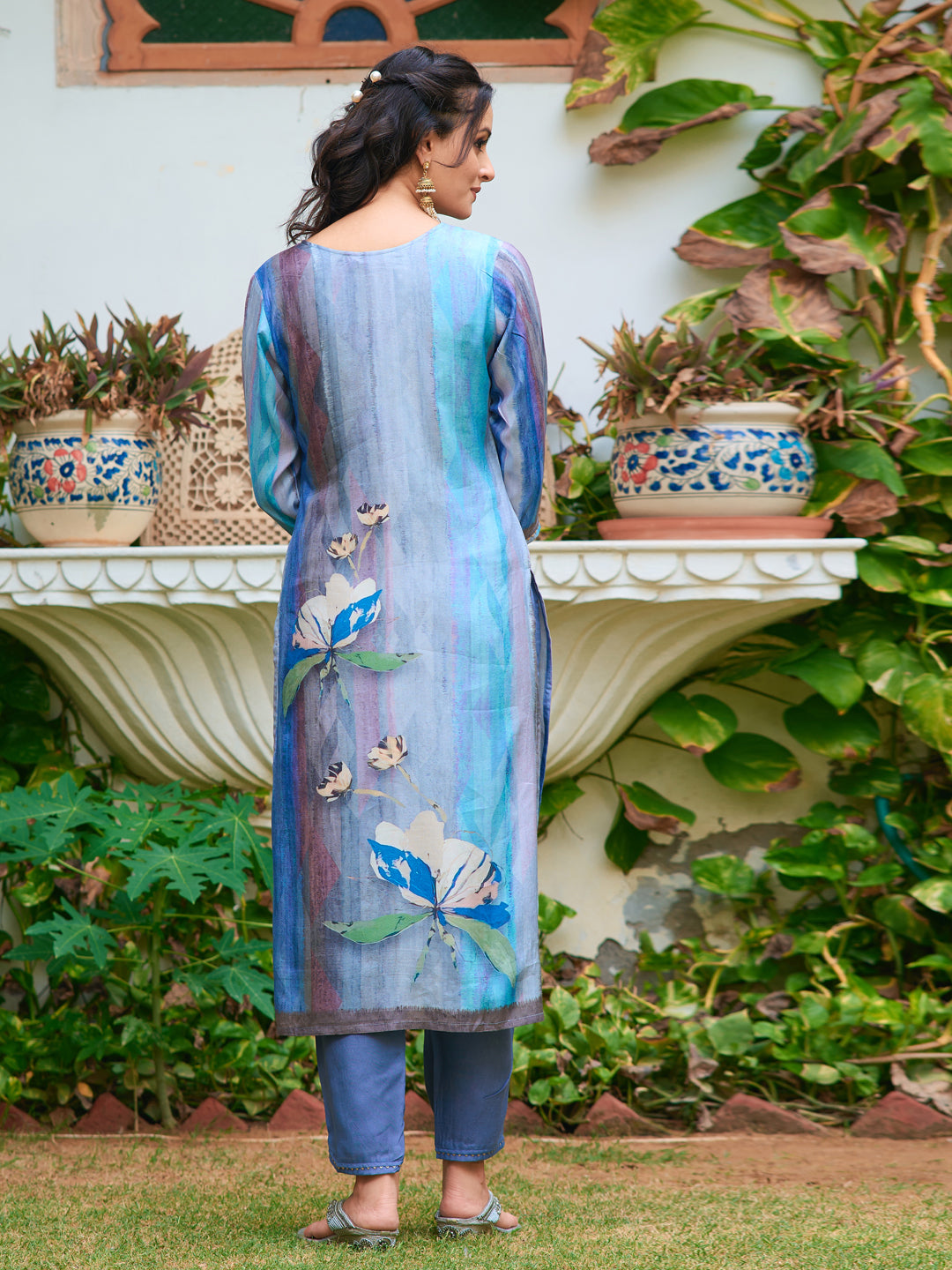 Hand Embroidered & Digital printed Silk kurta with pant &  Printed Dupatta