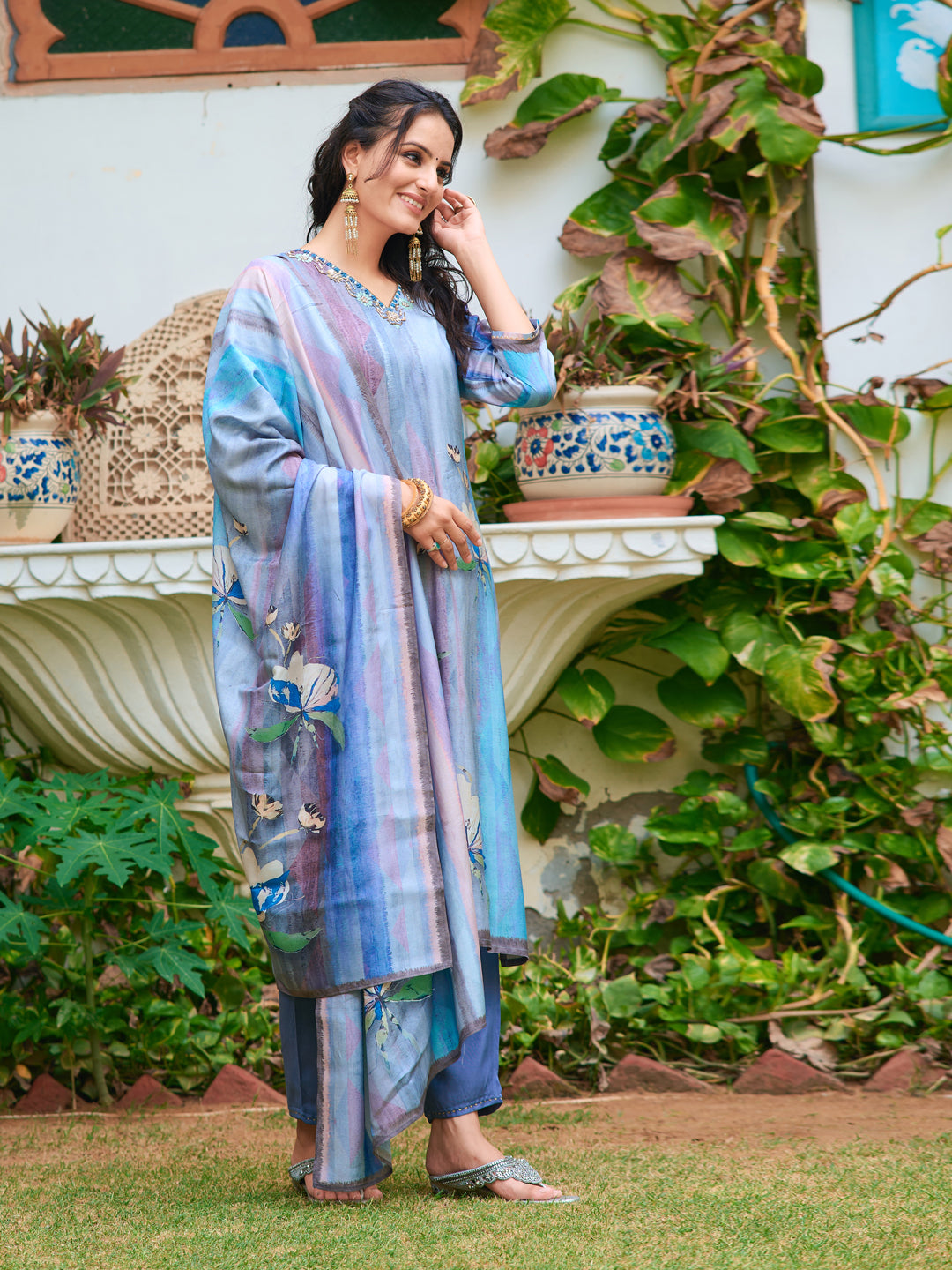 Hand Embroidered & Digital printed Silk kurta with pant &  Printed Dupatta