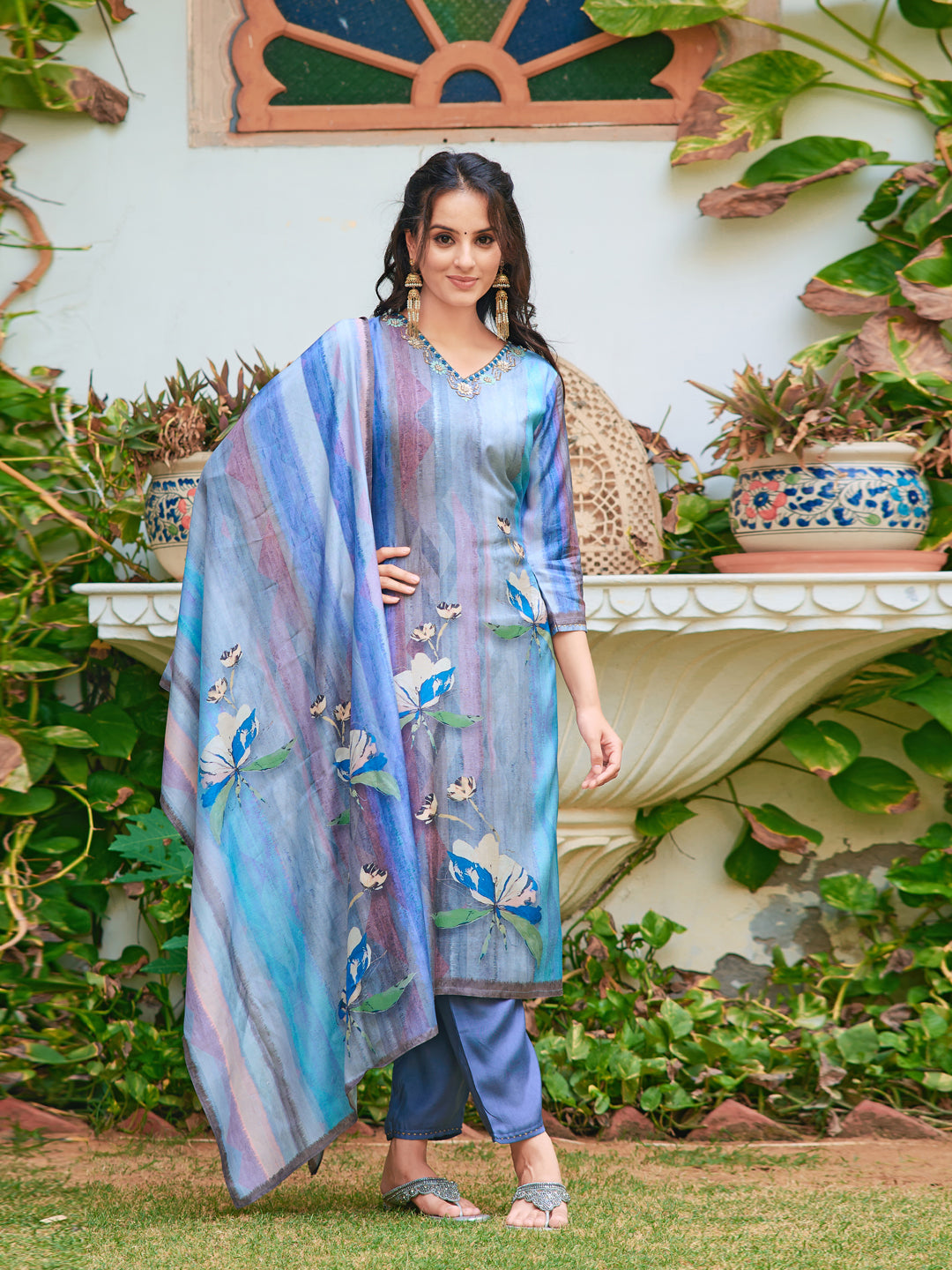 Hand Embroidered & Digital printed Silk kurta with pant &  Printed Dupatta