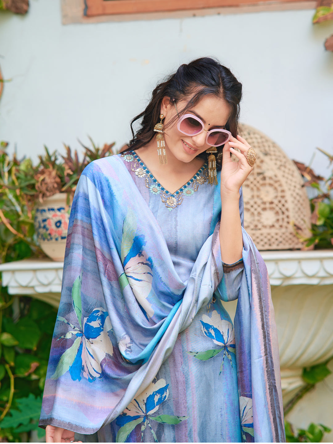 Hand Embroidered & Digital printed Silk kurta with pant &  Printed Dupatta