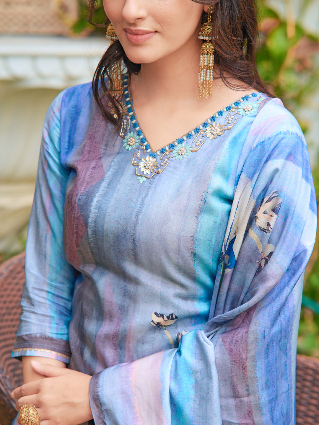 Hand Embroidered & Digital printed Silk kurta with pant &  Printed Dupatta