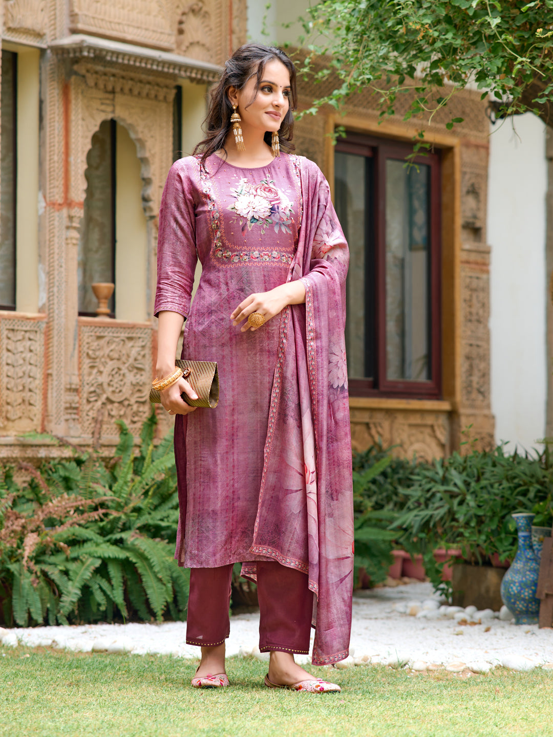 Hand Embroidered & Digital printed Muslin kurta with pant &  Printed Dupatta