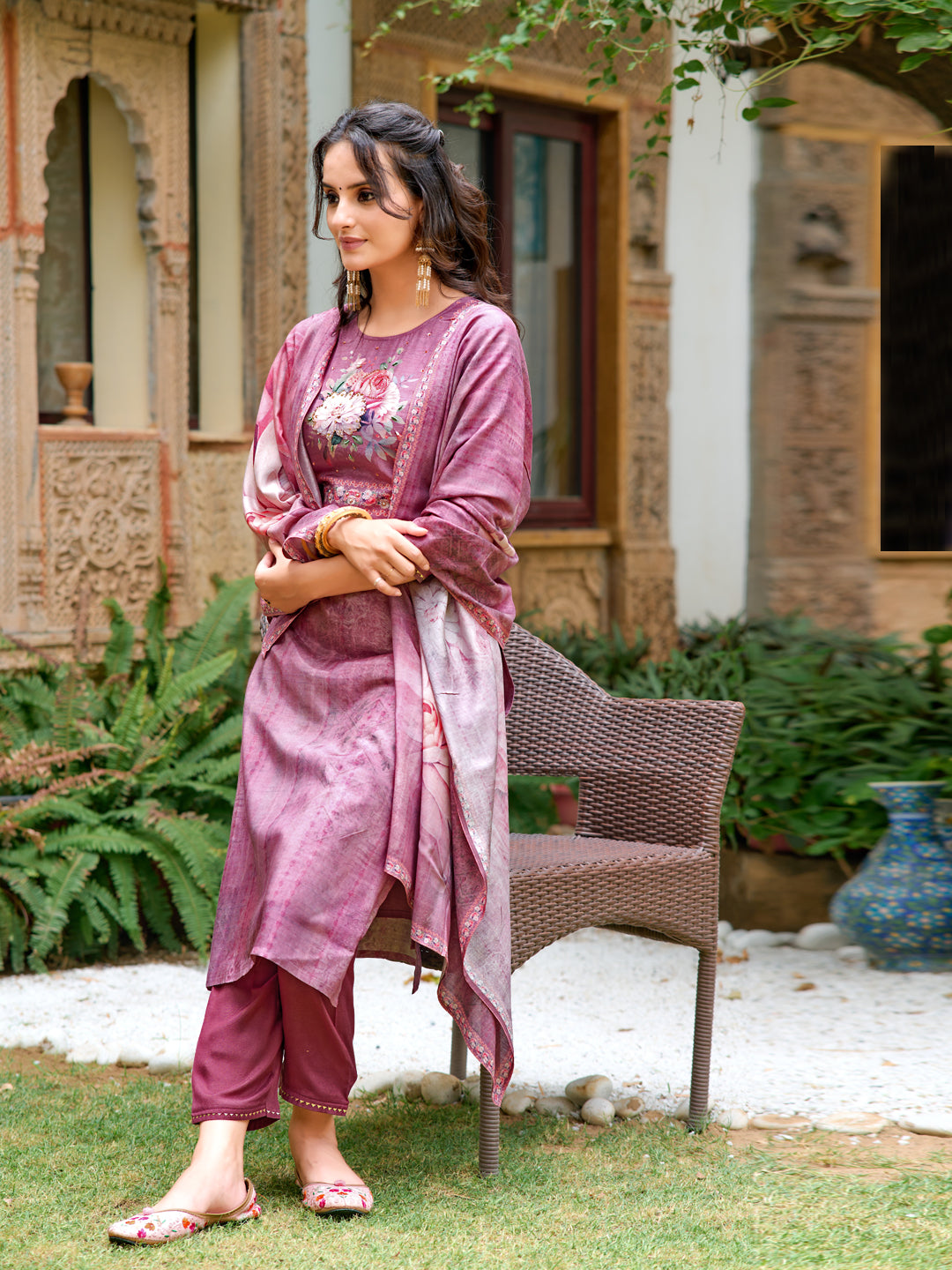 Hand Embroidered & Digital printed Muslin kurta with pant &  Printed Dupatta